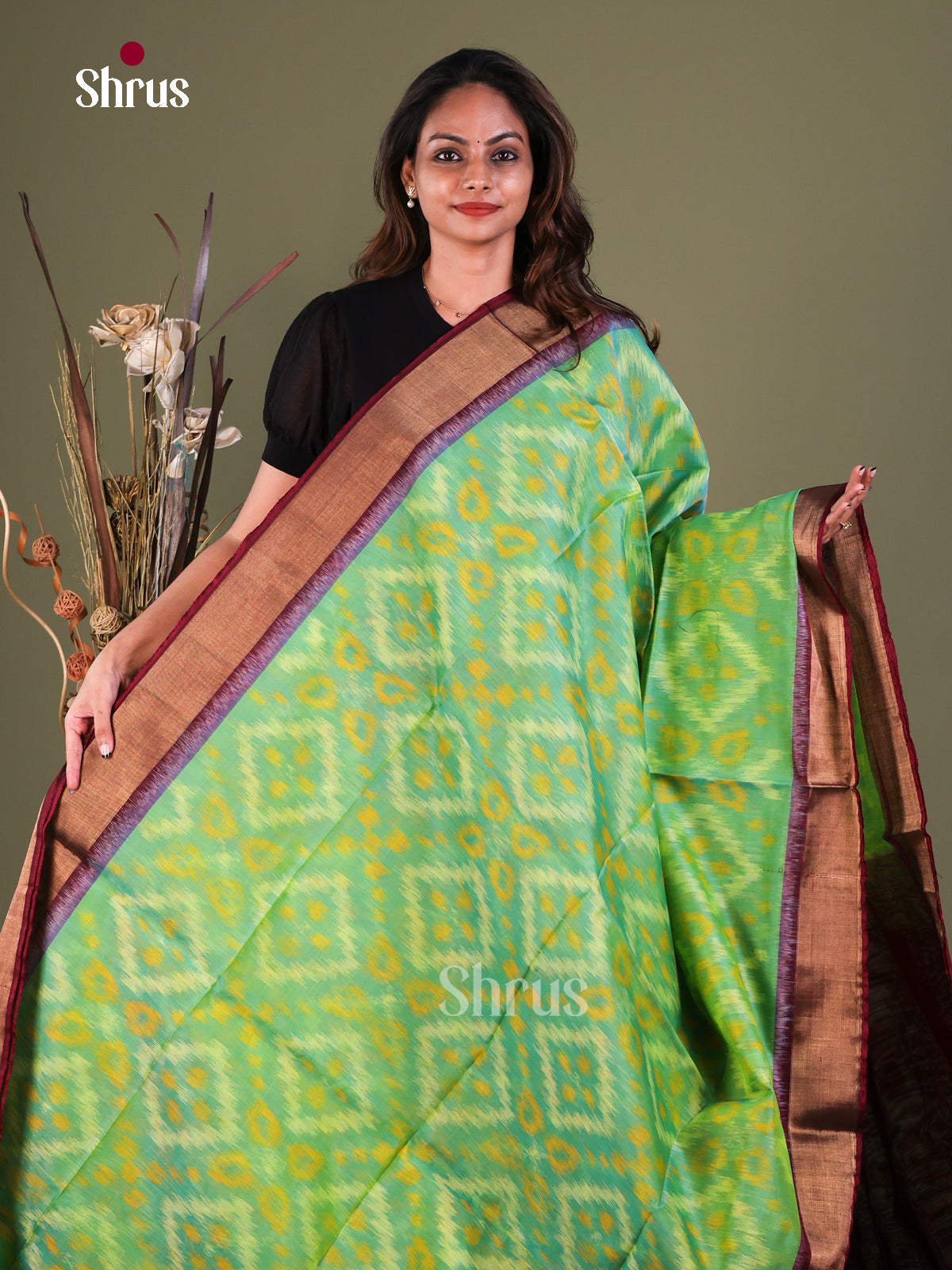 Opulent Mint Green Pochampally Cotton Silk Saree With Geometric Prints & Purple Kaddi Border
