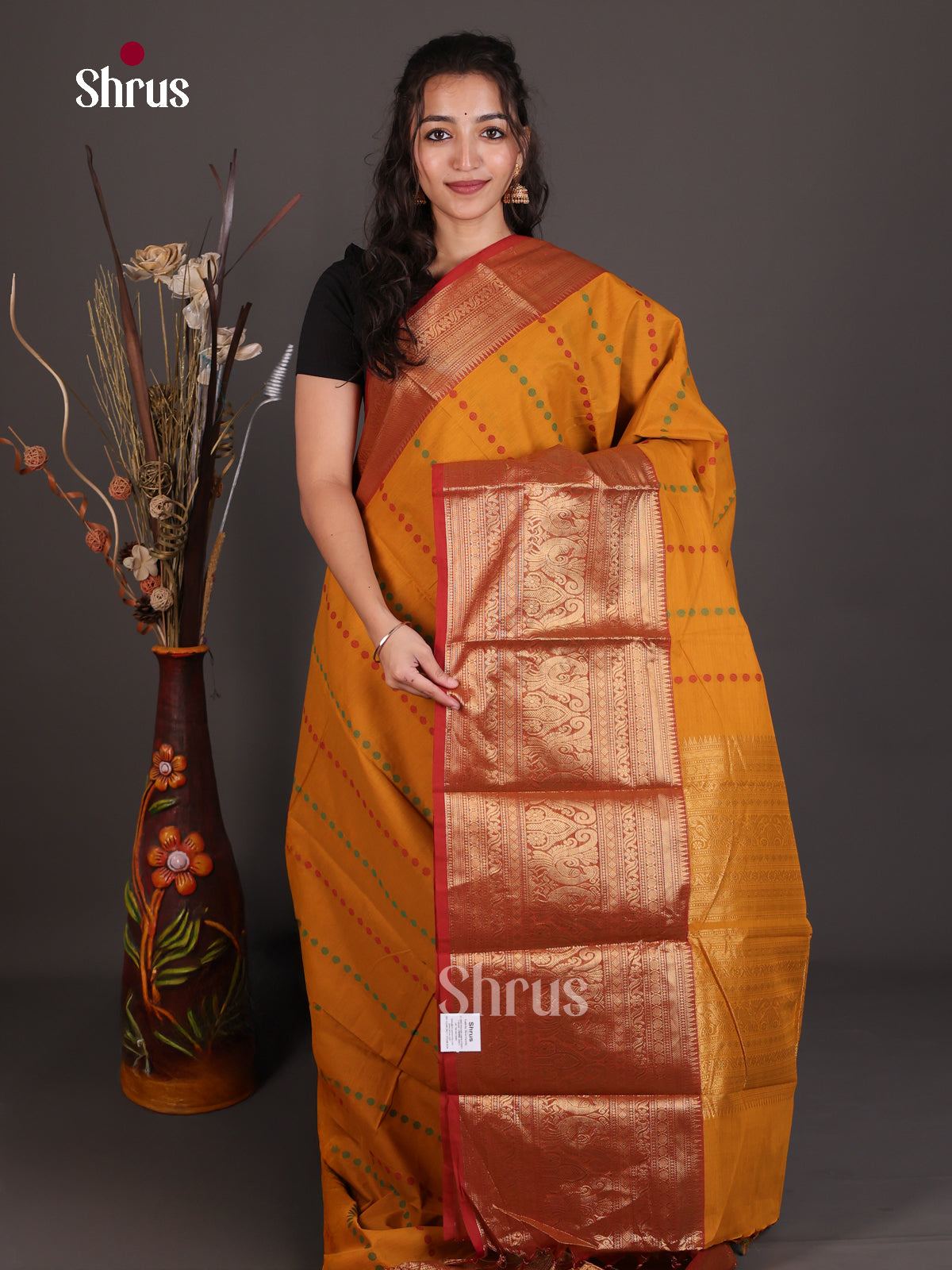 Opulent Mustard Chettinad Cotton Saree With Dotted Thread Stripes & Red Zari Border