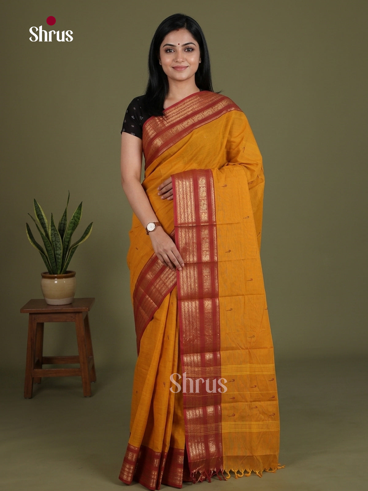 Opulent Mustard Chettinad Cotton Saree With Small Thread Buttas & Maroon Zari Border