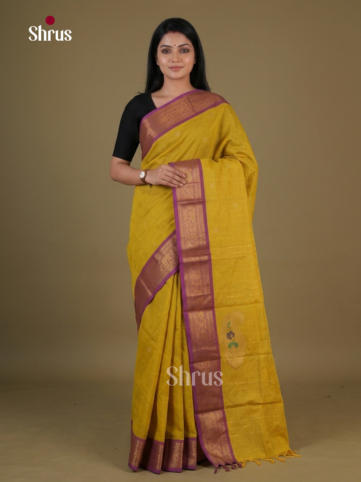 Opulent Mustard Yellow Chettinad Cotton Saree With Subtle Buttas, Purple Border & Zari Paisley Pallu