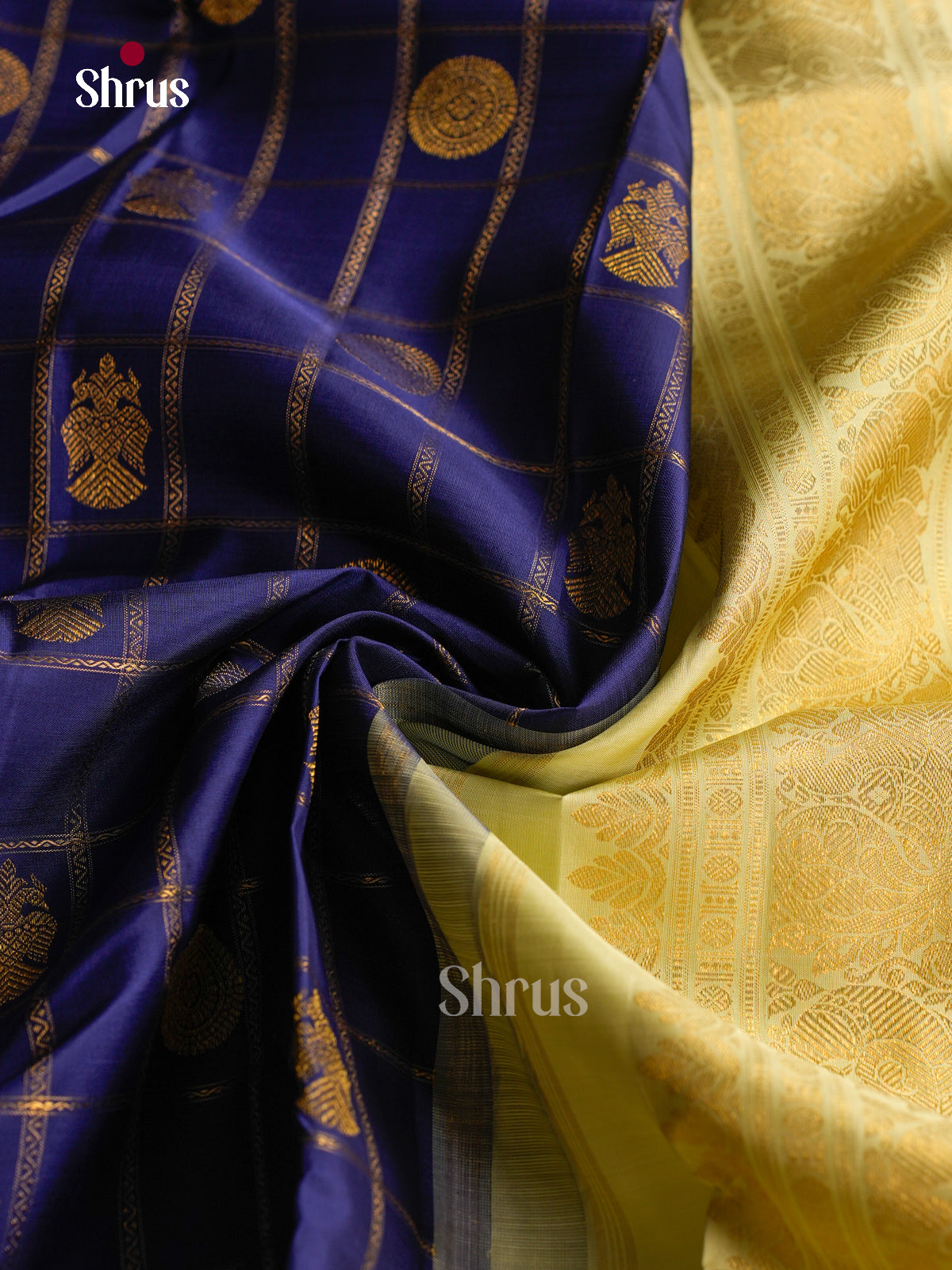 Opulent Navy Blue Silk Saree With Zari checks, Buttas & Cream Zari Woven Border & Pallu