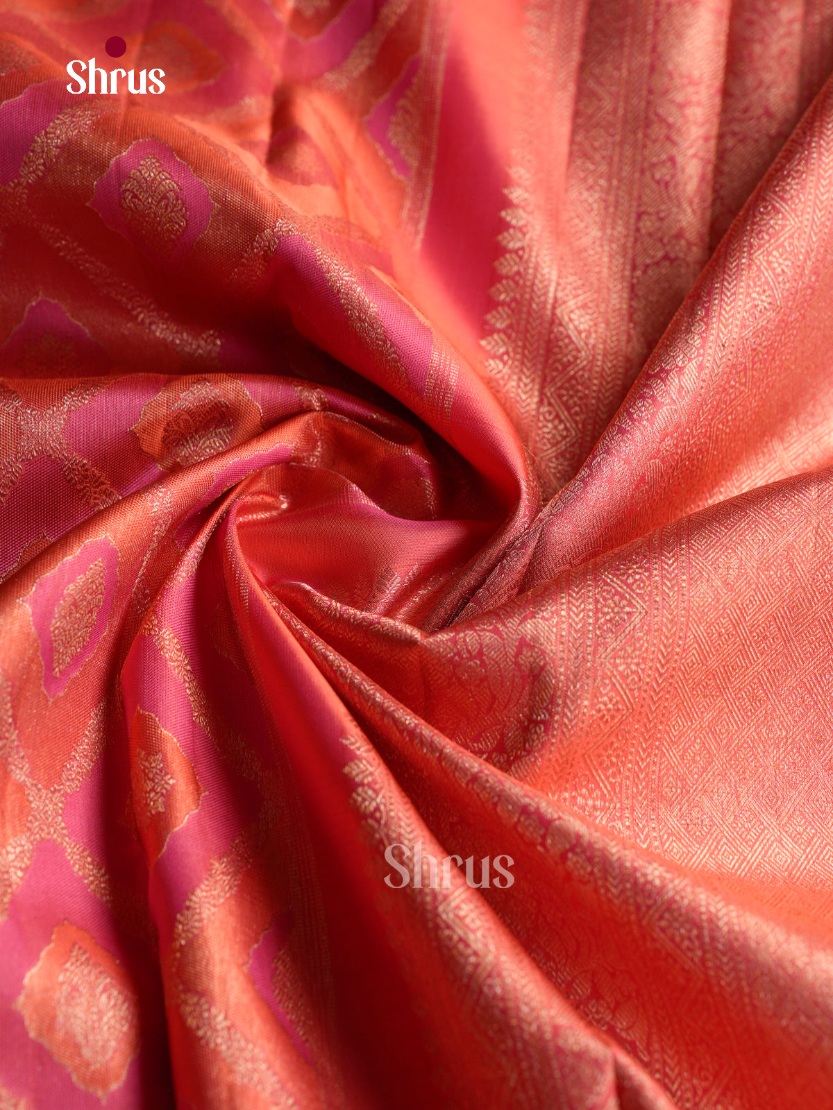 Opulent Peach & Pink Pattu Saree With Diamond Brocade & Coral Zari Border