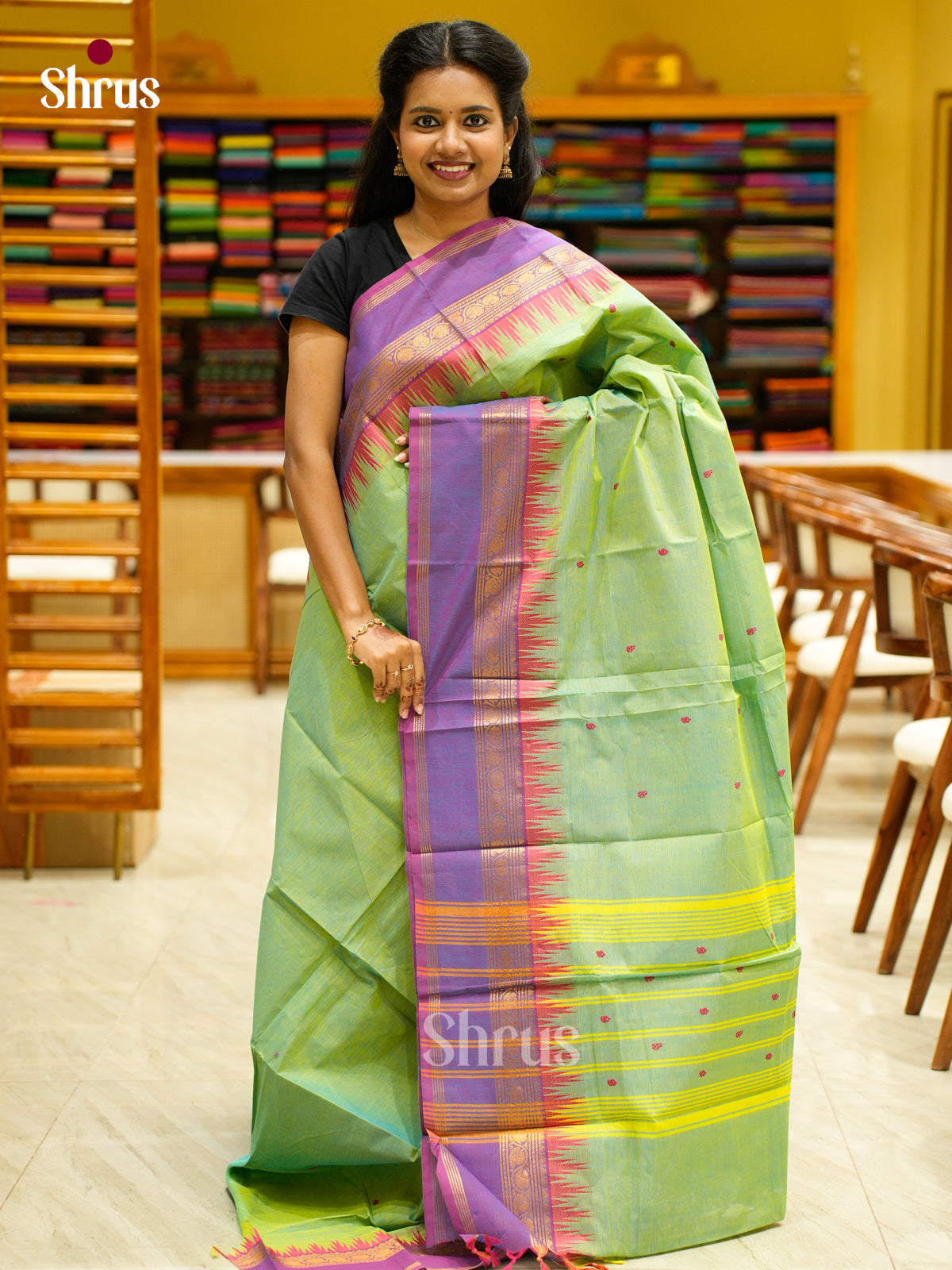 Opulent Pista Green Chettinad Cotton Saree With Thread Buttas & Purple Temple Zari Border