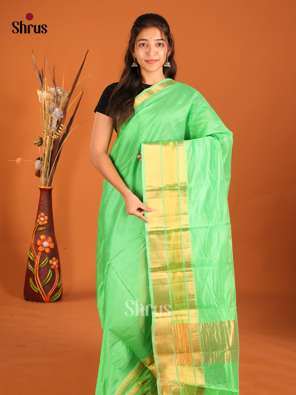 Opulent Pista Green Mangalagiri Silk Cotton Saree with Plain Body & Gold Temple Zari Border