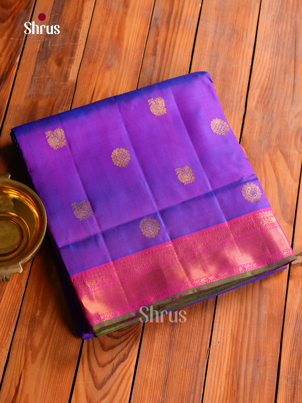 Opulent Purple 9Yards Kanchipuram Saree With Gold Buttas | Pink Zari Border & Pallu