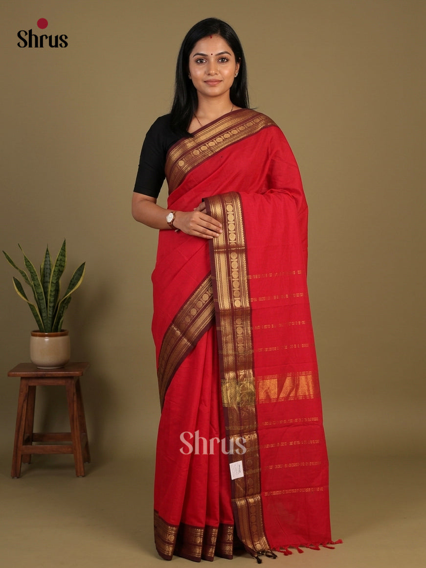 Opulent Red Chettinad Cotton Saree With Plain Body & Deep Maroon Border With Zari Bands