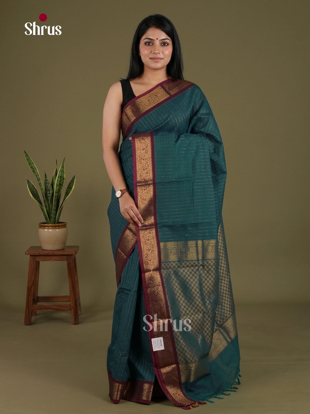 Opulent Teal Blue Chettinad Cotton Saree With Golden Stripes & Maroon Temple Zari Border - Shop on Shrus.com