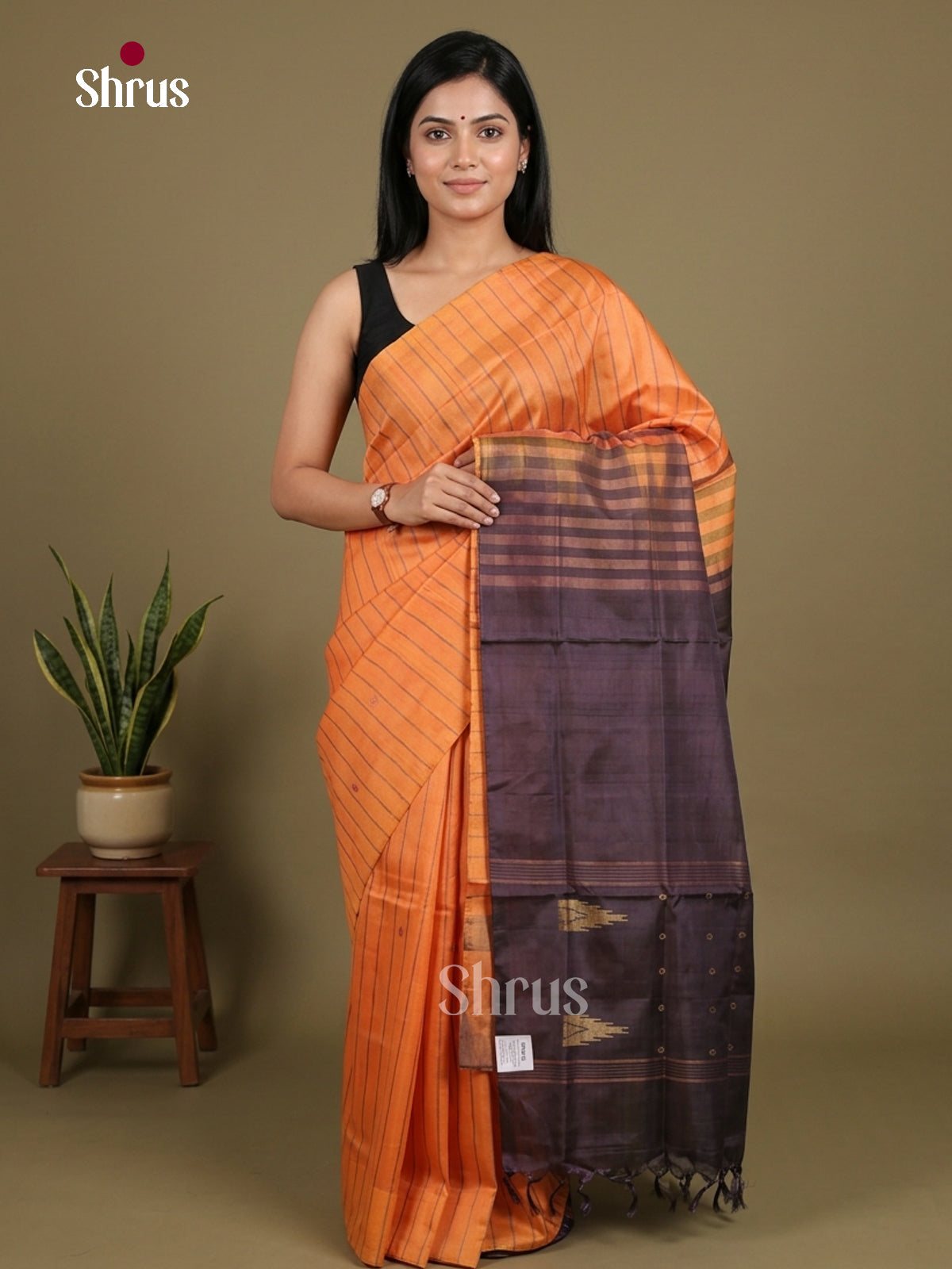 Buy Lustrous Orange Banana Pith Saree With Thread Woven Stripes & Brown Zari Pallu