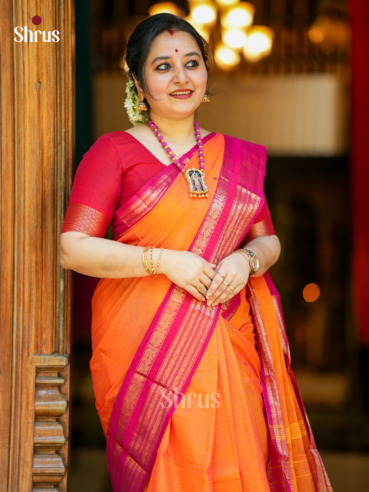 Stunning Orange Chettinad Cotton Saree With Thread Buttas & Red Zari Striped Border