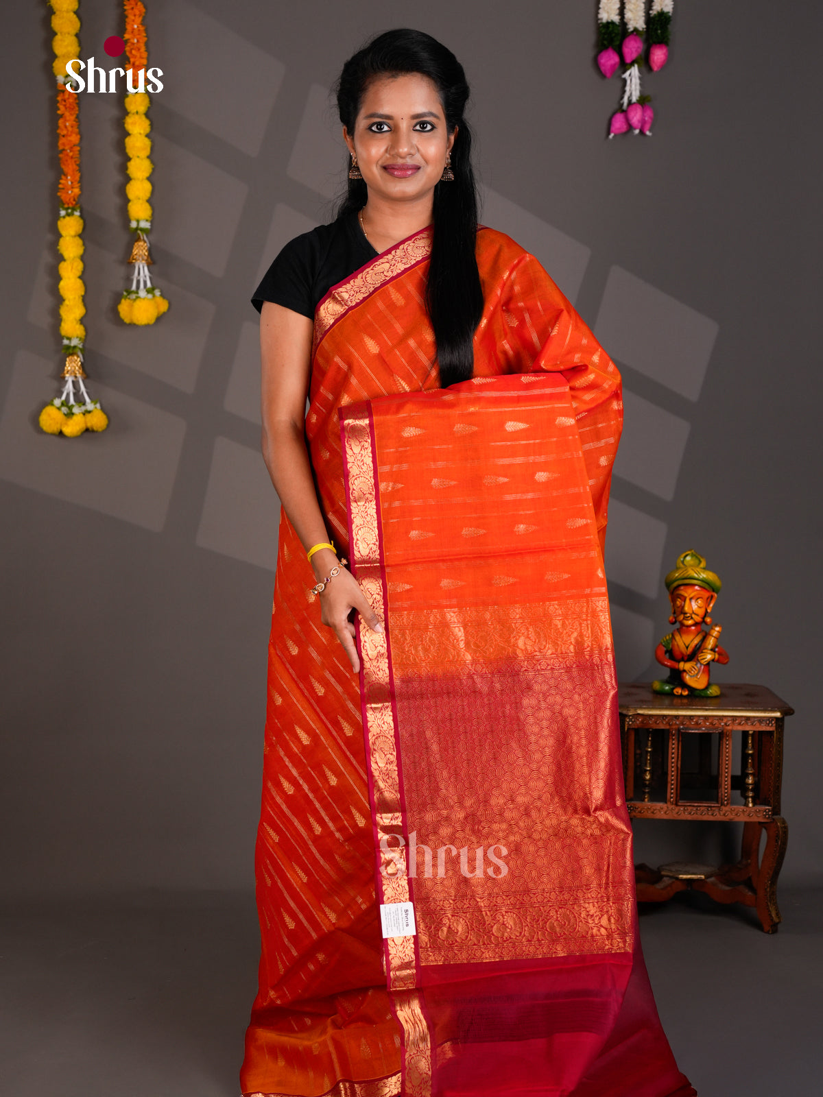 Buy Stunning Orange Cotton Silk Saree with Delicate Leaf Motifs, Maroon Zari Border & Pallu