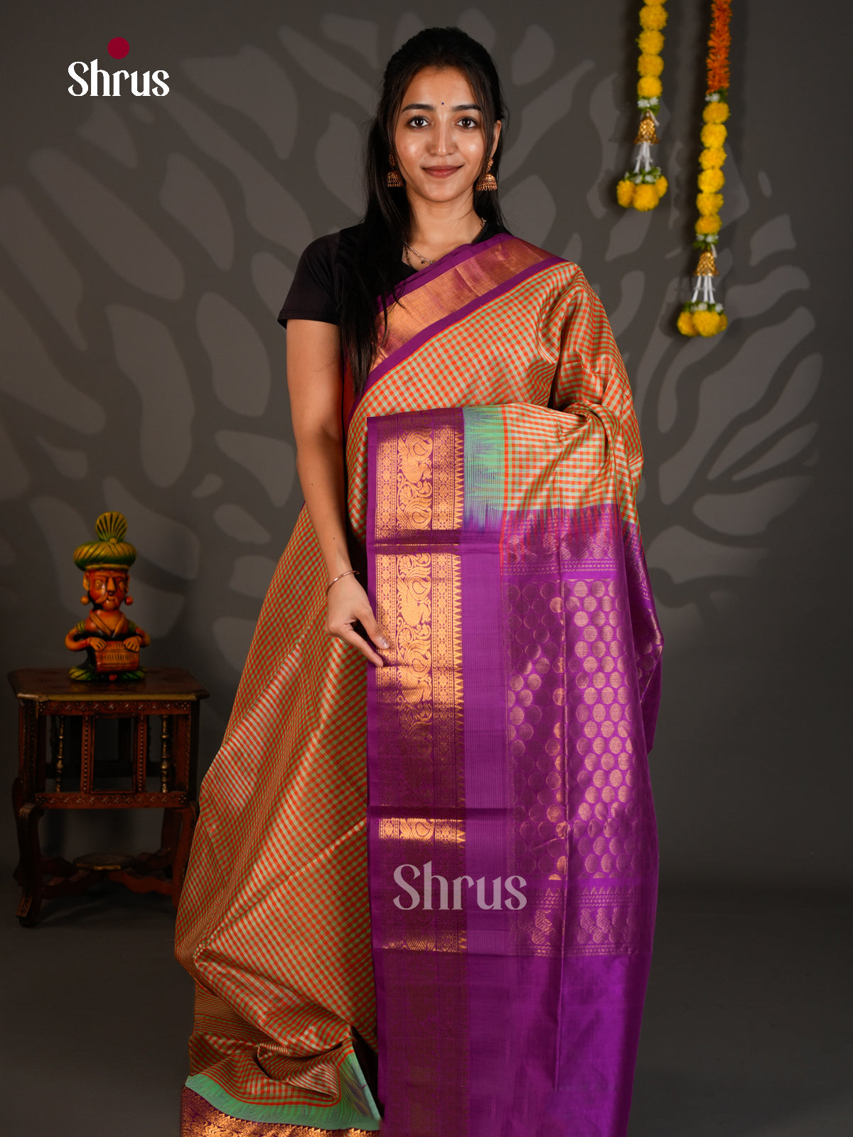 Buy Radiant Orange & Green Silk Cotton Saree with Purple Zari Border & Brocade Pallu