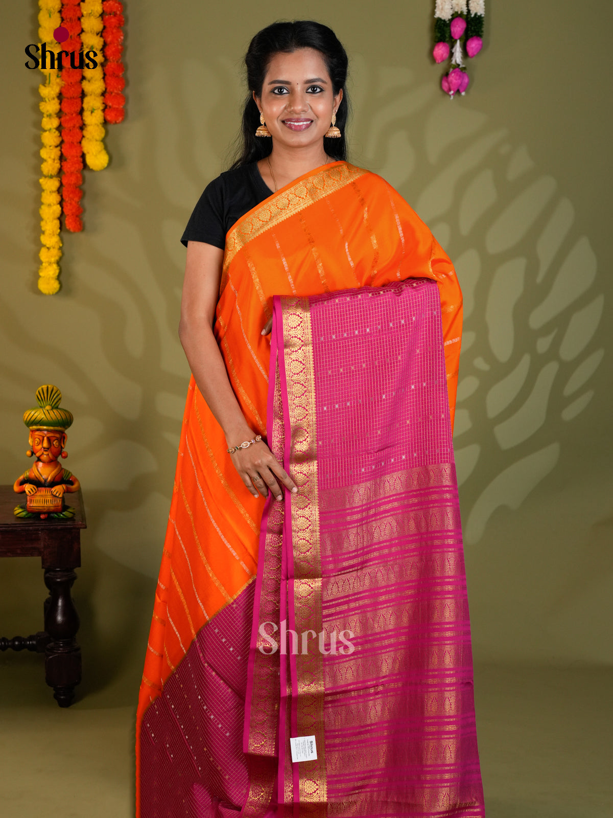 Buy Exquisite Orange Half & Half Mysore Silk Saree with Gold Stripes, Purple Checks & Zari Pallu