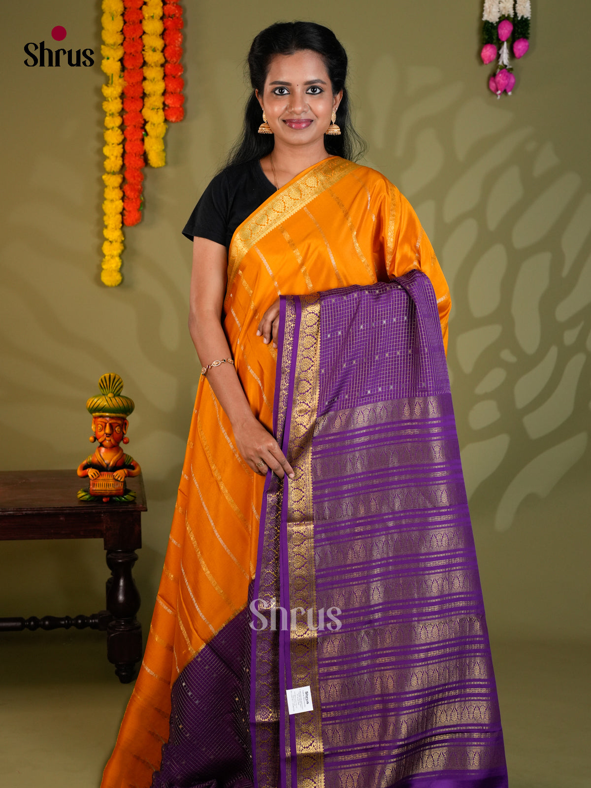 Buy Regal Orange Half & Half Mysore Silk Saree with Zari Stripes, Violet Checks & Traditional Pallu