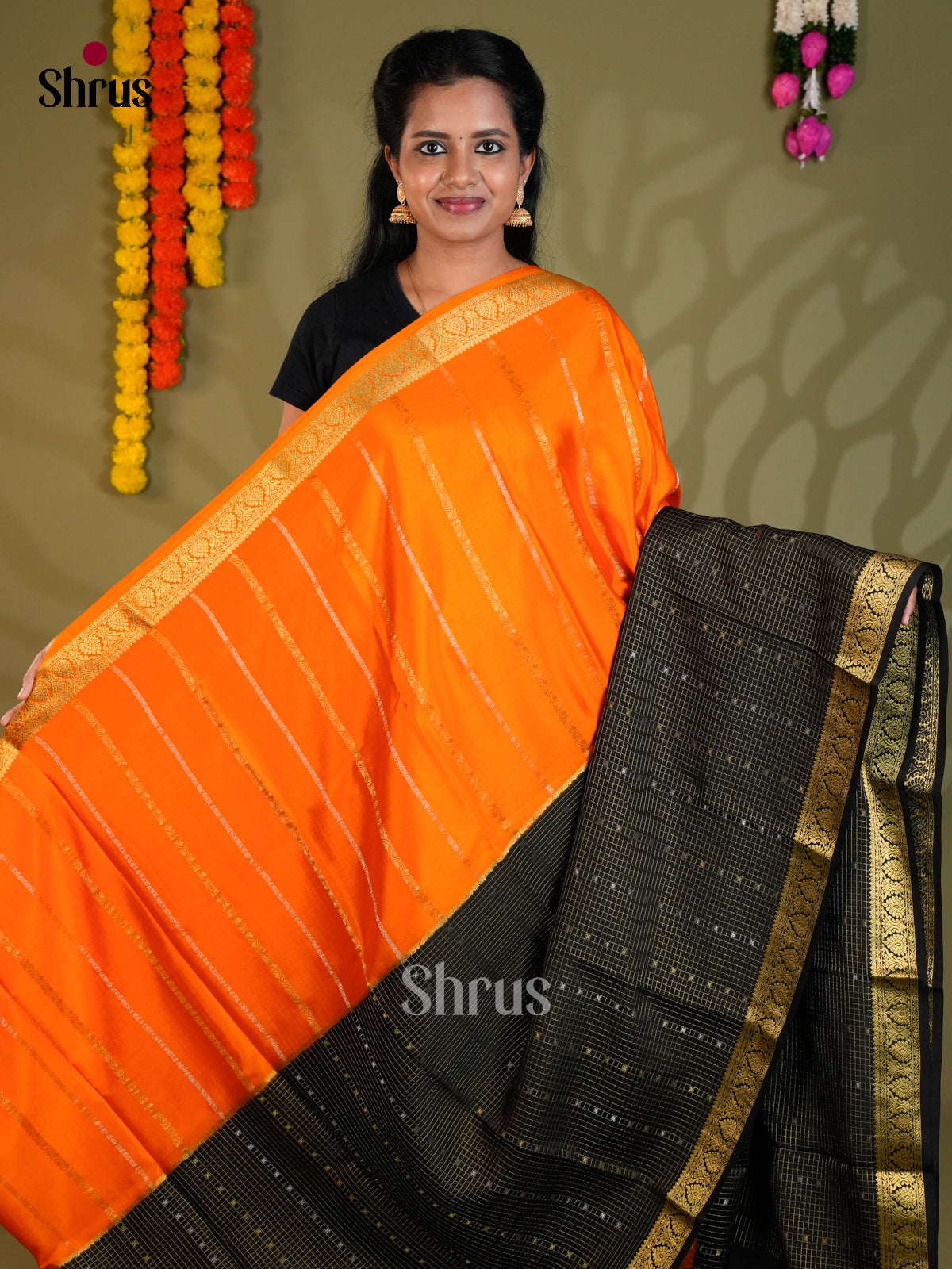 Buy Vivid Orange Half & Half Pure Mysore Silk Saree with Gold Stripes, Black Checks & Zari Pallu