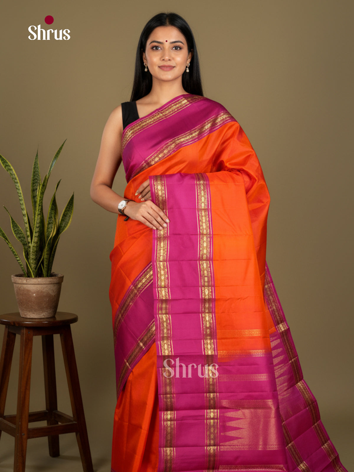 Buy Radiant Orange Kanchipuram Saree with Rettaipet Border & Purple Zari Woven Pallu