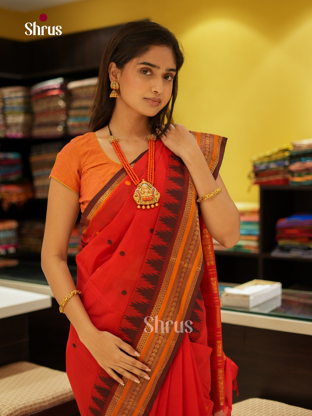Radiant Orange & Maroon Chettinad Saree With Temple Border