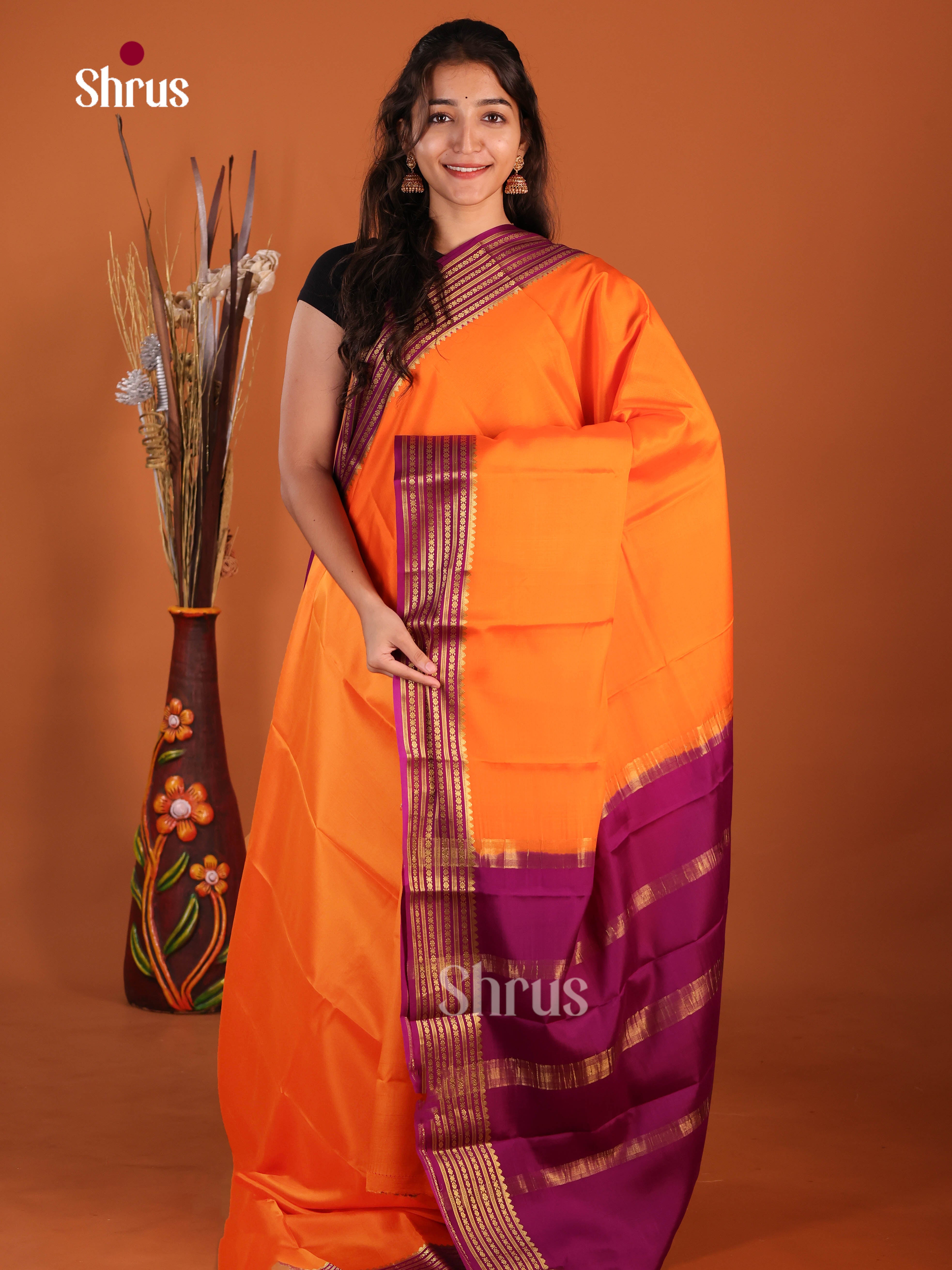 Buy Graceful Orange Mysore Crepe Silk Saree with Plain Body, Vadamalli Zari Striped Pallu & Chit Pallu
