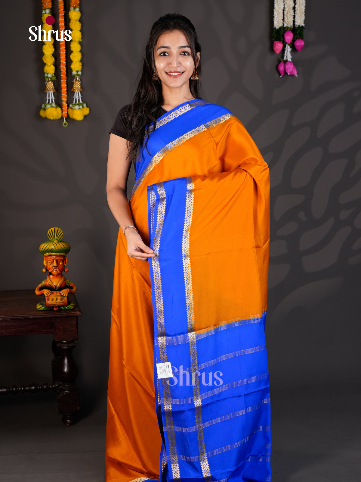 Buy Vivid Orange Mysore Silk Saree With Blue Zari Woven Rettaipet Border