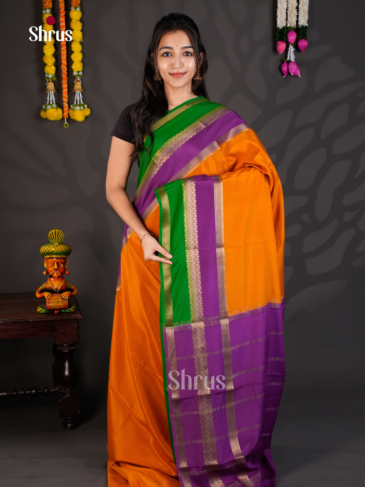 Buy Luminous Orange Mysore Silk Saree With Green & Purple Dual Zari Border And Chit Pallu