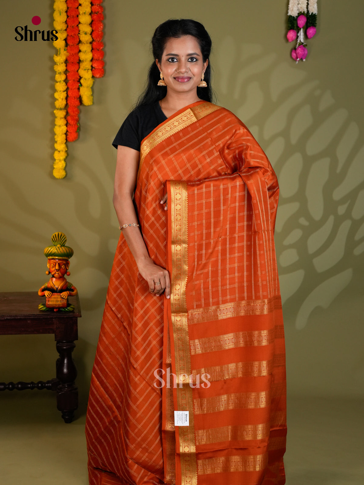 Buy Radiant Orange Mysore Silk Saree with Golden Checks, Small Zari Border & Striped Pallu