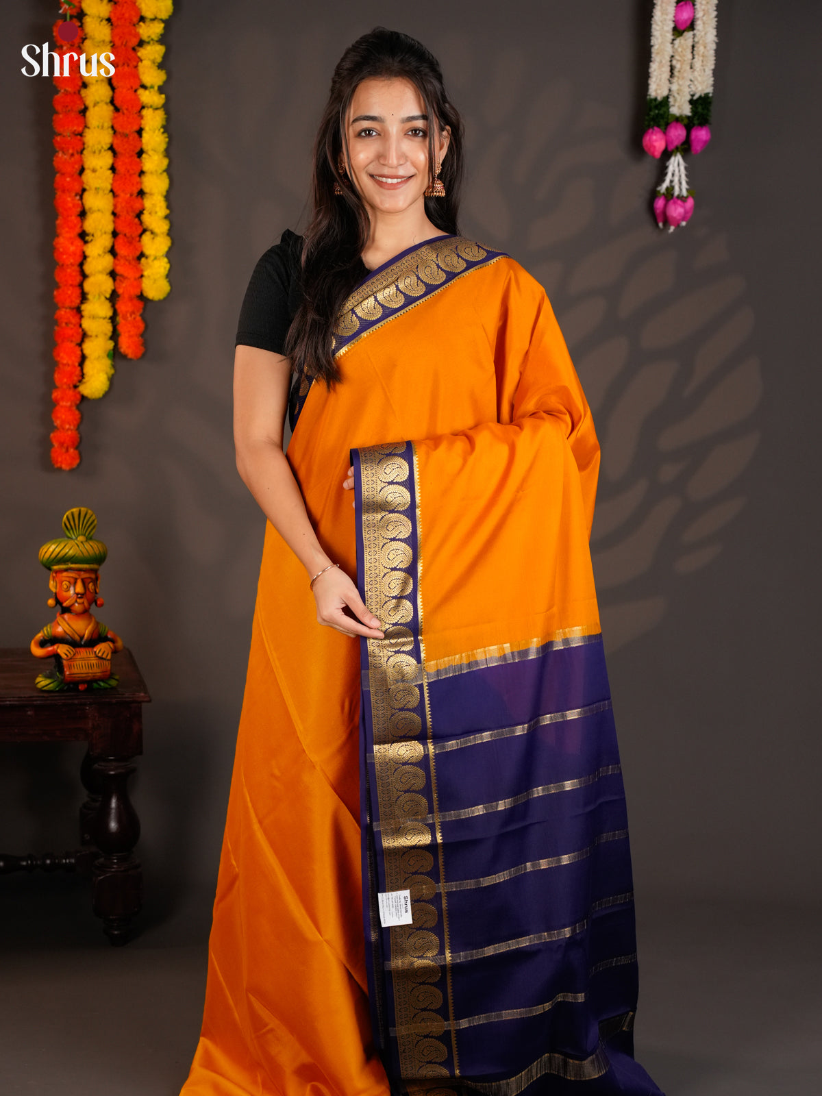 Buy Beautiful Orange Mysore Silk Saree with Paisley Motifs Woven Navy Blue Zari Border & Chit Pallu