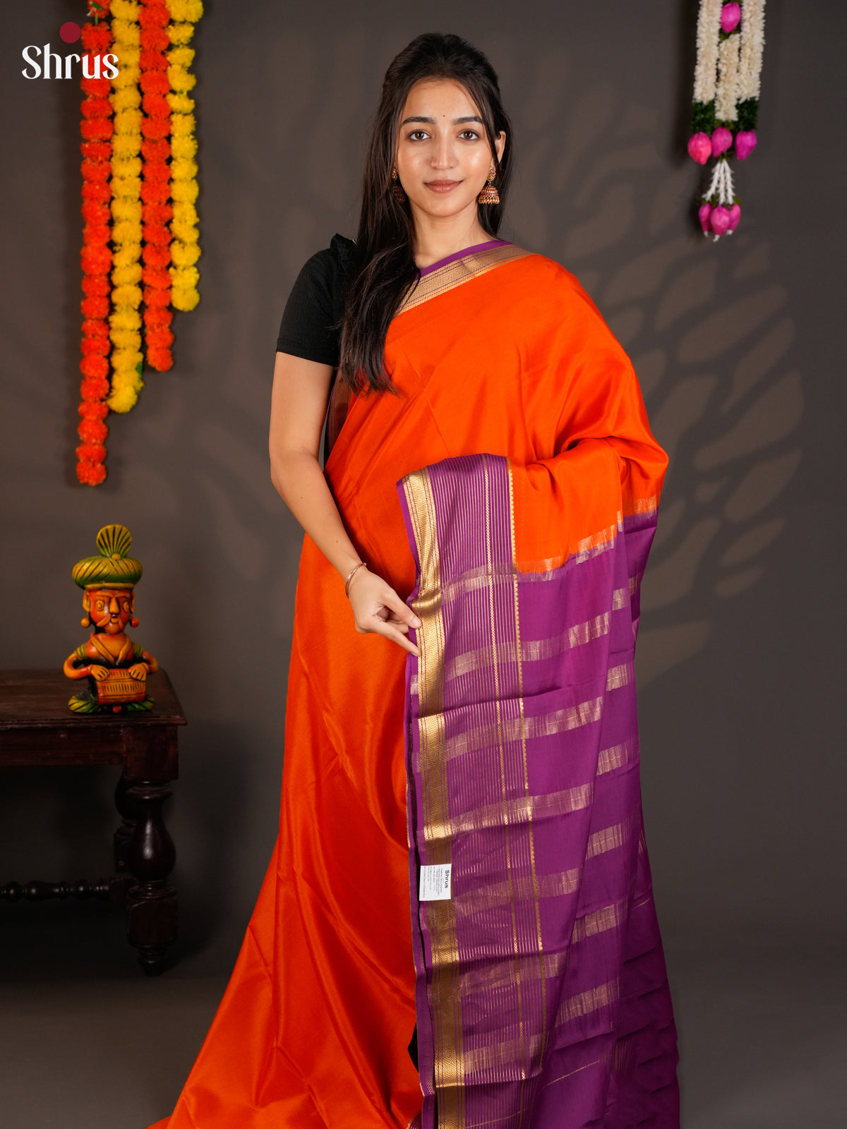Buy Sheeny Orange Mysore Silk Saree with Plain Body, Purple Zari Striped Border & Traditional Pallu