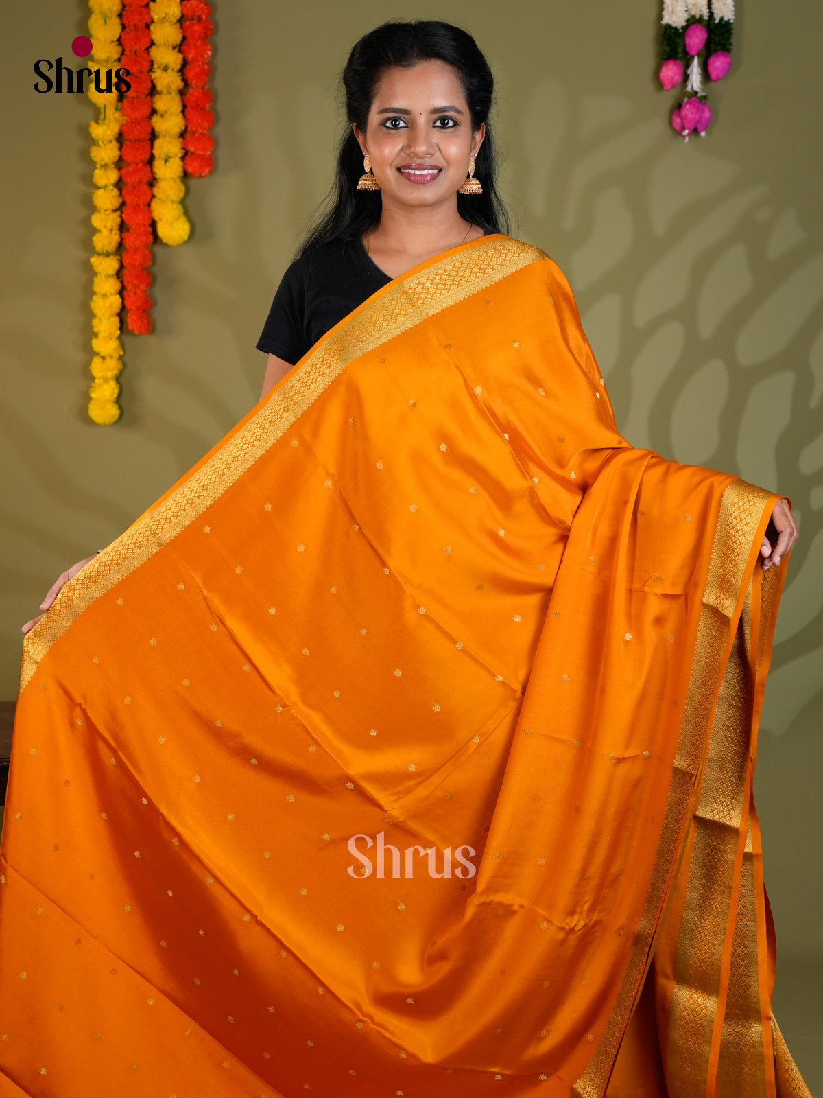 Buy Elegant Orange Pure Mysore Silk Saree with Golden Buttas, Small Zari Border & Traditional Pallu