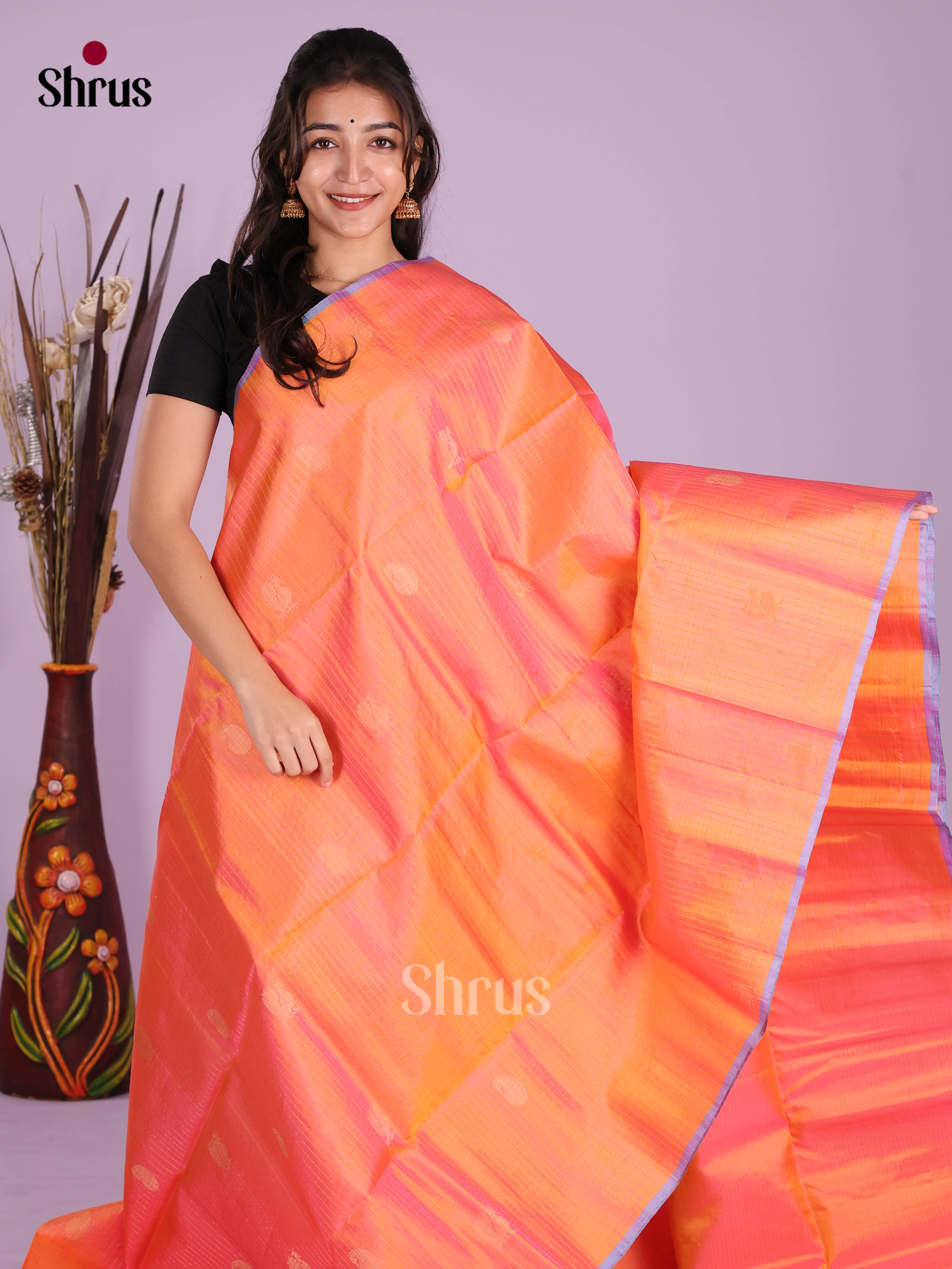 Buy Enchanting Orange Pure Soft Silk Saree With Golden Checks, Buttas & Brocade Pallu