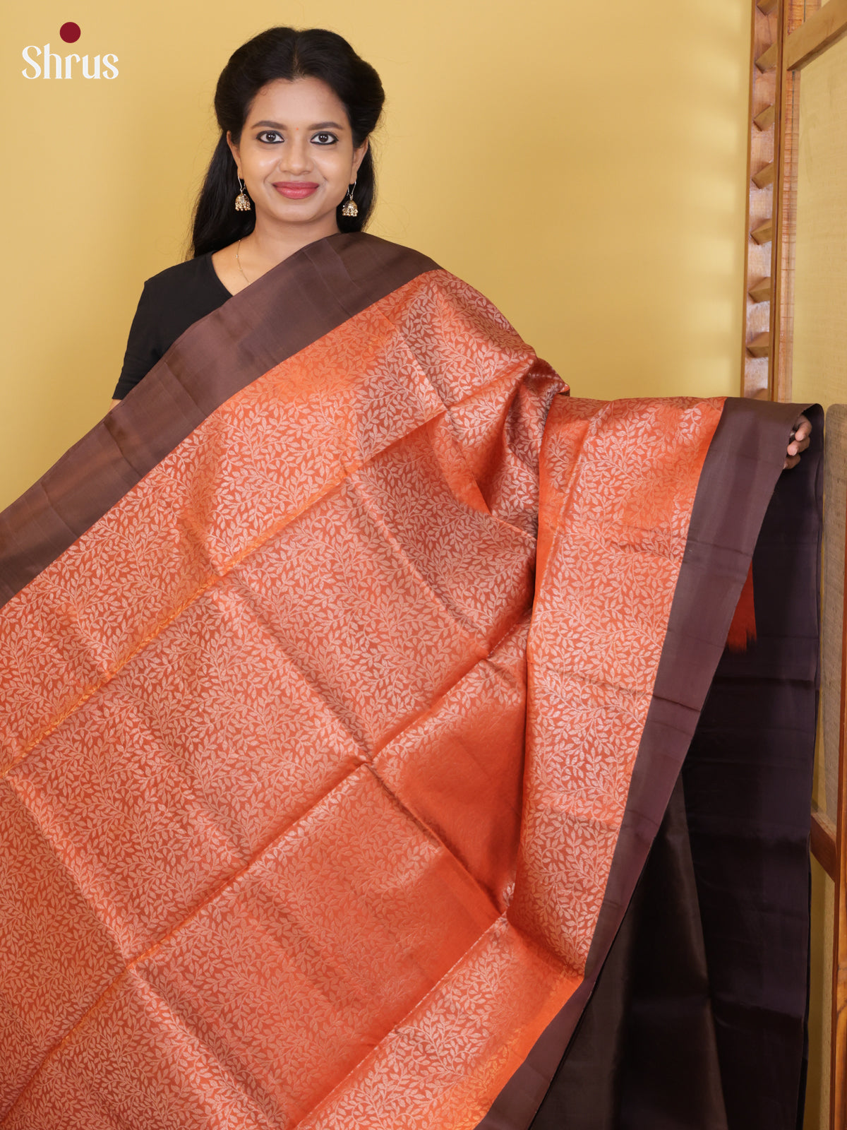 Buy Sheeny Orange Pure Soft Silk Saree With Silver Zari Leaf Vines, Brown Border & Brocade Pallu