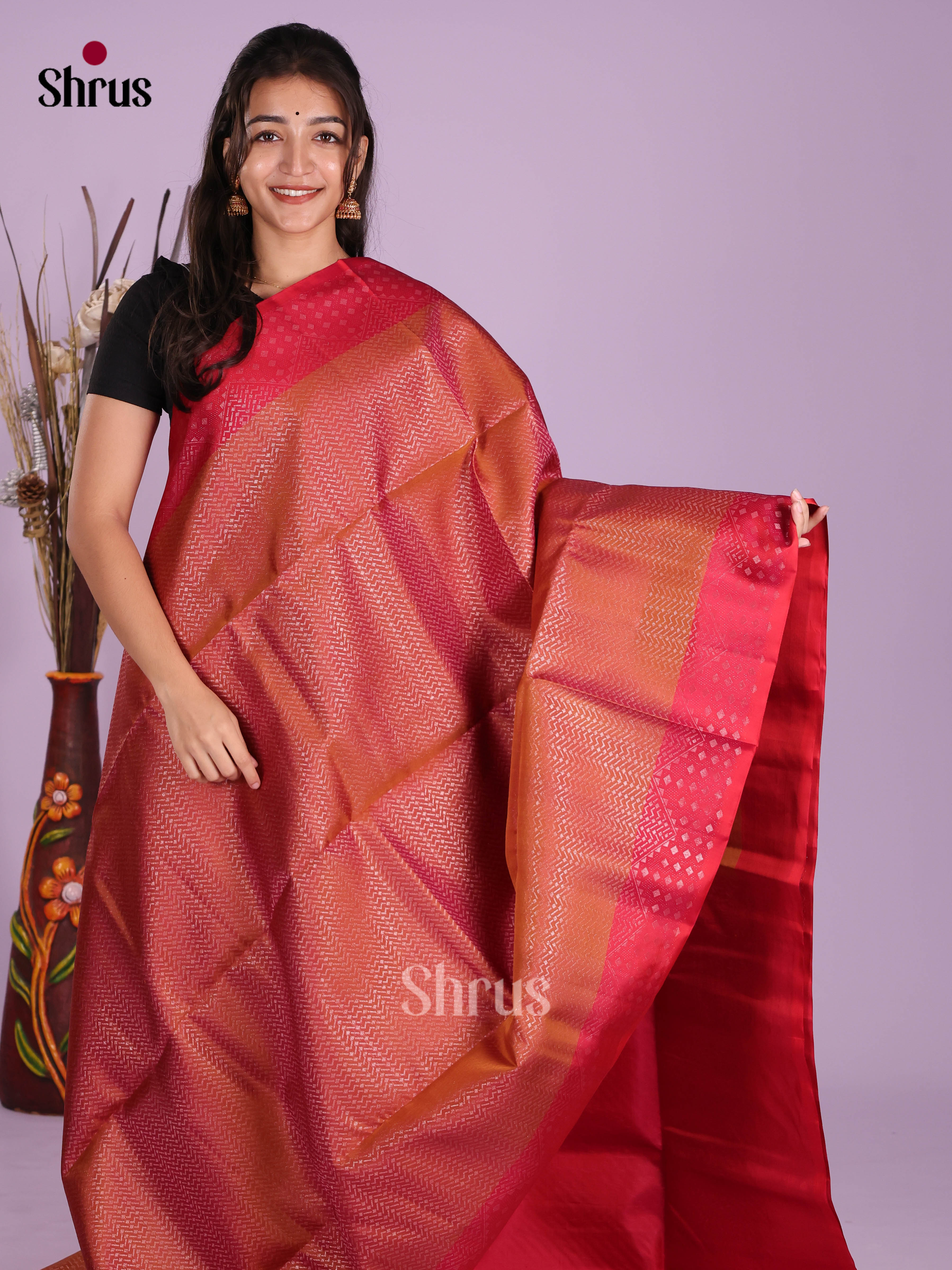 Buy Warm Orange Pure Soft Silk Saree With Silver Zari Woven Chevron Pattern, Red Border & Brocade Pallu