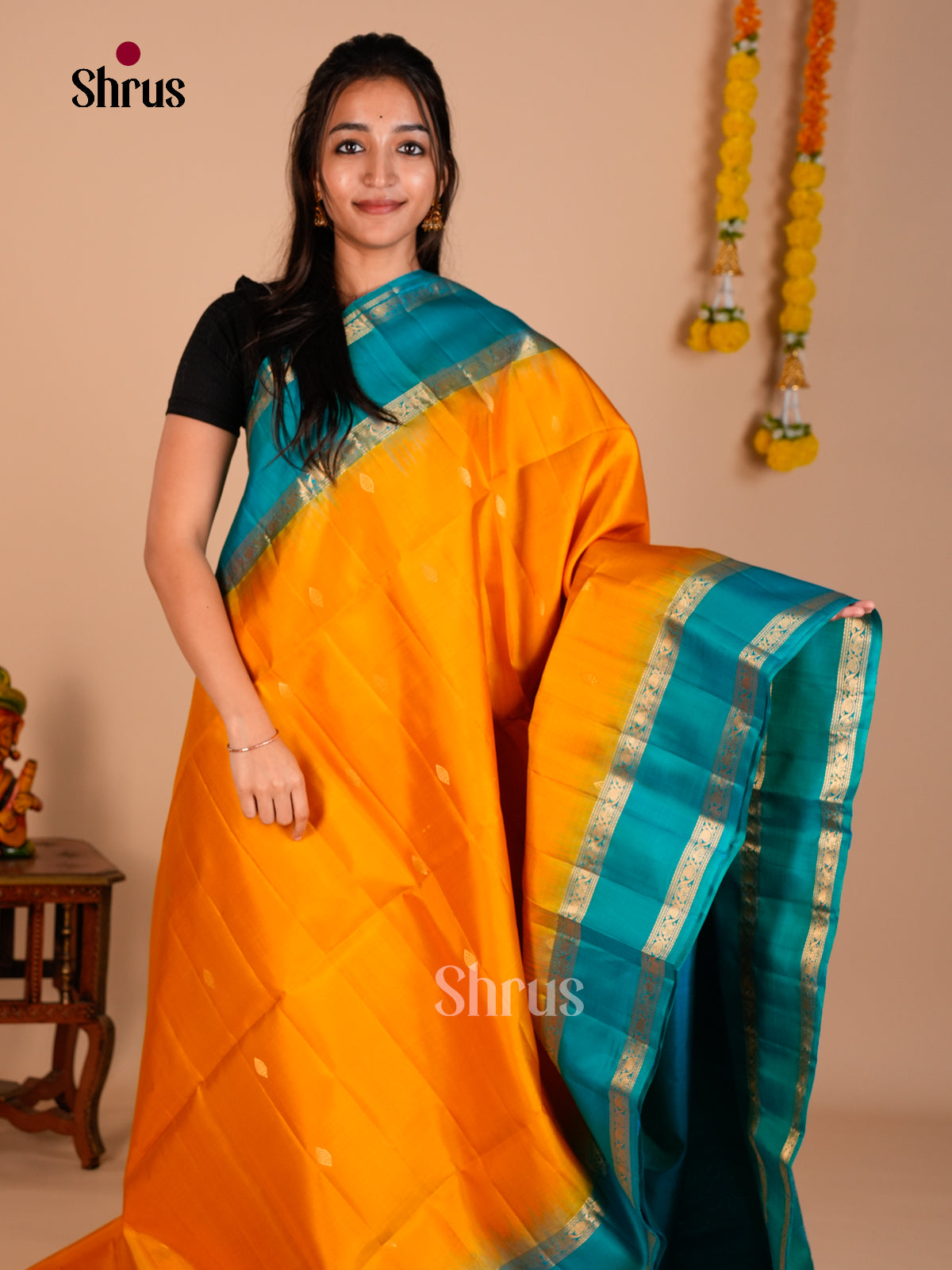 Buy Vibrant Orange Pure Soft Silk Saree with Buttas, Sky Blue Rettaipet Zari Border & Brocade Pallu
