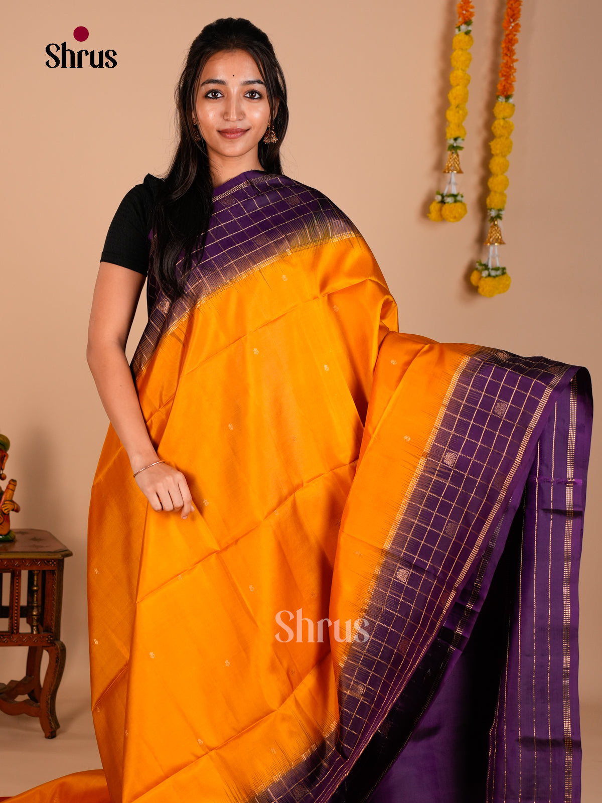 Buy Traditional Orange Pure Soft Silk Saree with Checked Violet Border & Brocade Pallu