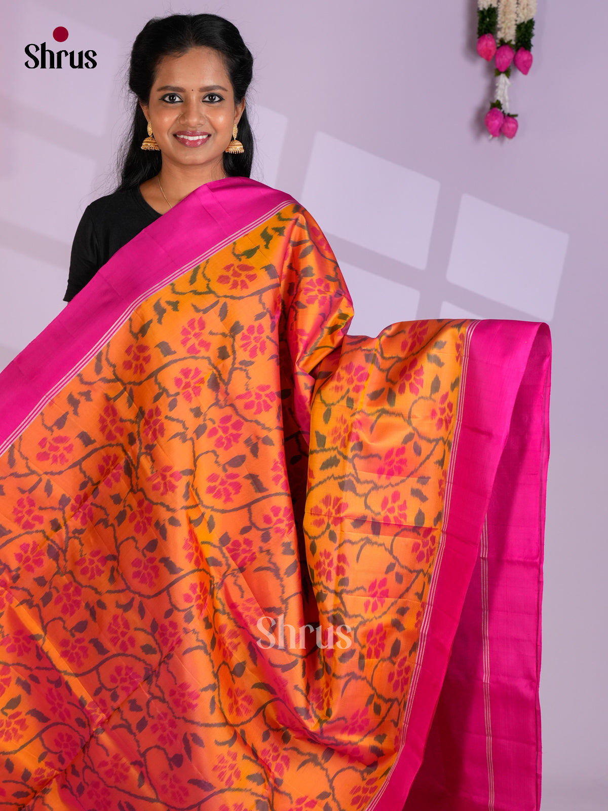Buy Exquisite Orange Pure Soft Silk Saree with Floral Ikkat Pattern, Pink Border & Zari Brocade Pallu