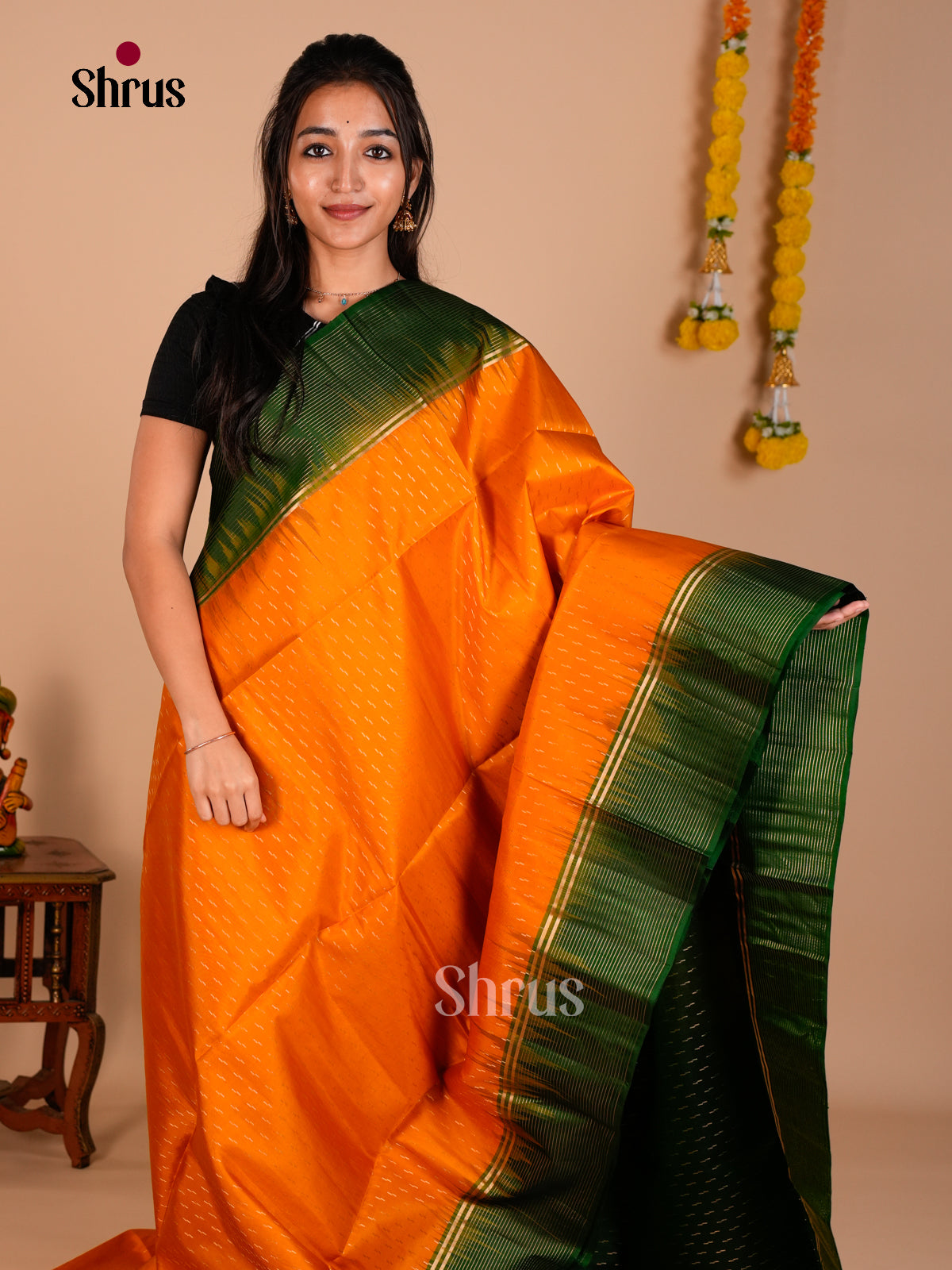 Buy Elegant Orange Pure Soft Silk Saree with Zari Stripes Buttas & Green Brocade Pallu