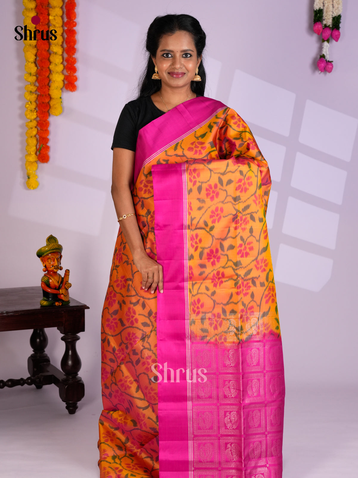 Buy Exquisite Orange Soft Silk Saree with Floral Ikkat Pattern, Pink Border & Zari Brocade Pallu