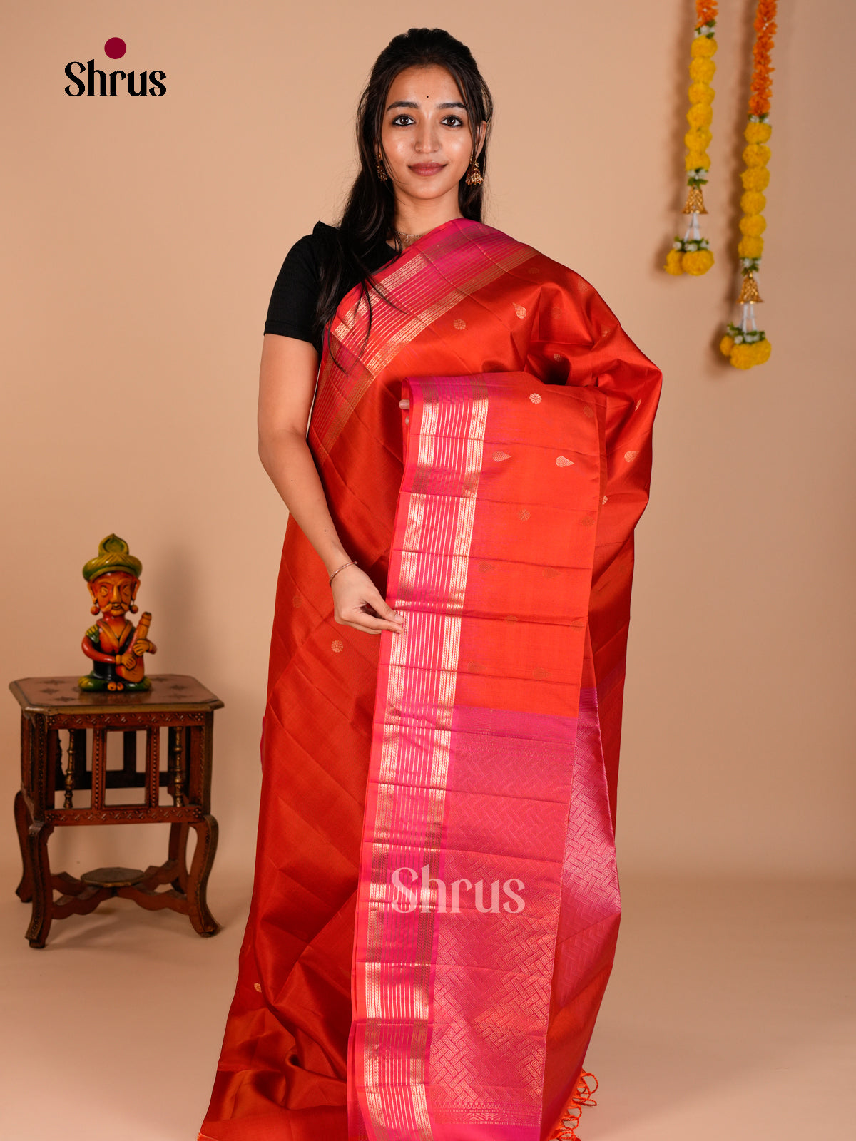Buy Radiant Orange Soft Silk Saree with Golden Zari Buttas, Pink Rettaipet Border & Brocade Pallu