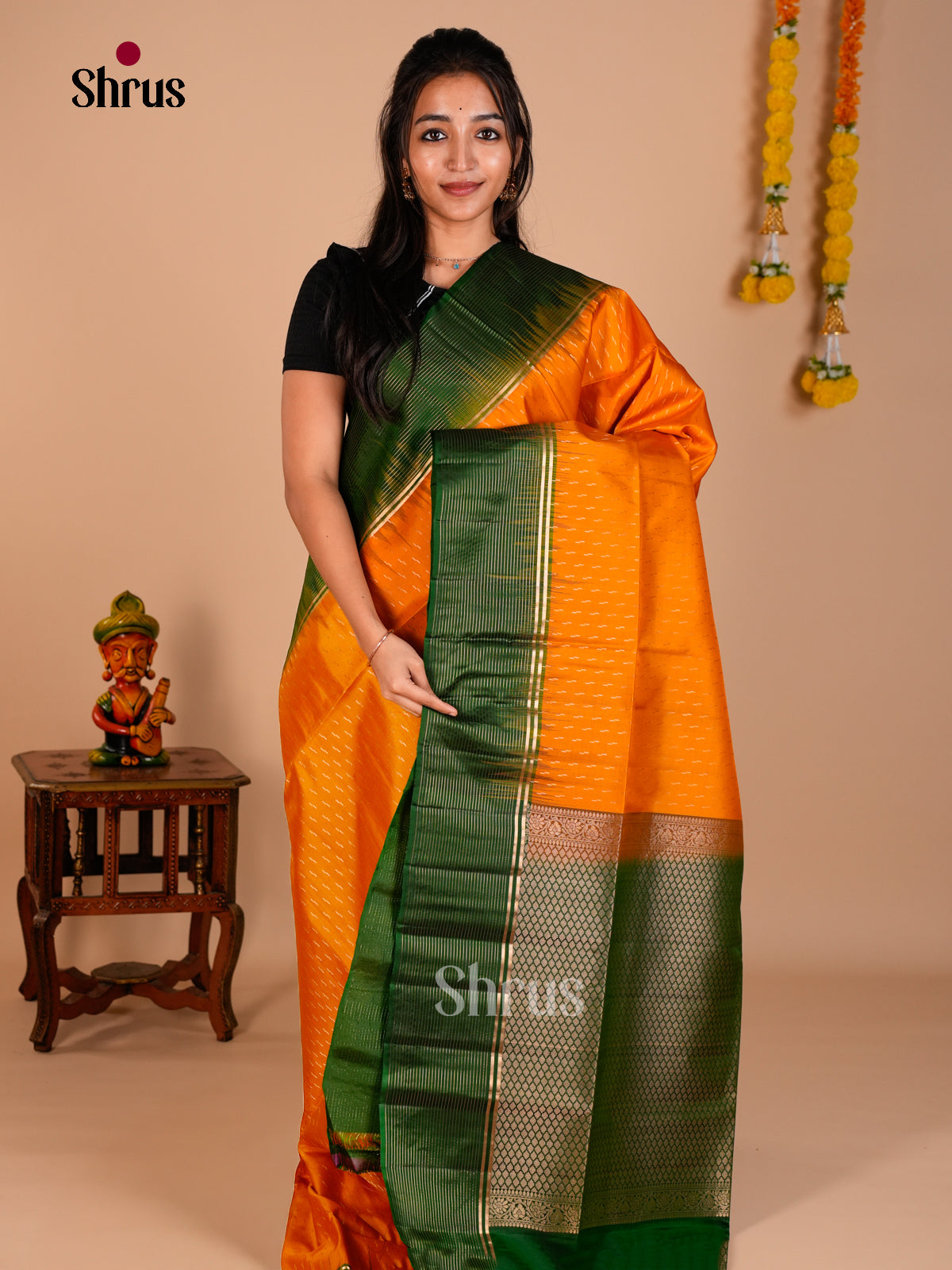 Buy Elegant Orange Soft Silk Saree with Zari Stripes Buttas & Green Brocade Pallu