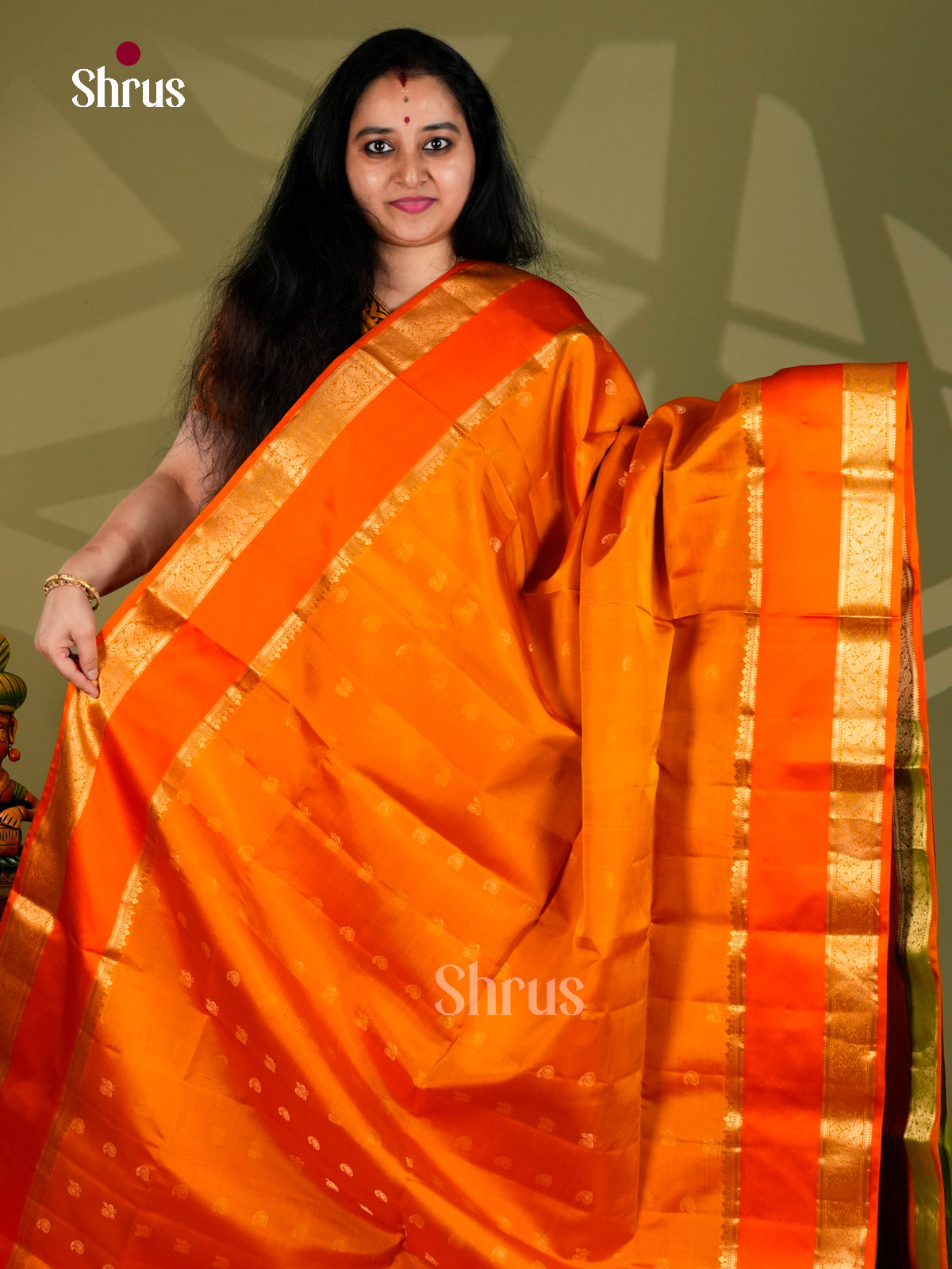 Buy Dazzling Orange Soft Silk Sarees with Gold Buttas, Rettaipet Zari Border & Green Brocade Pallu