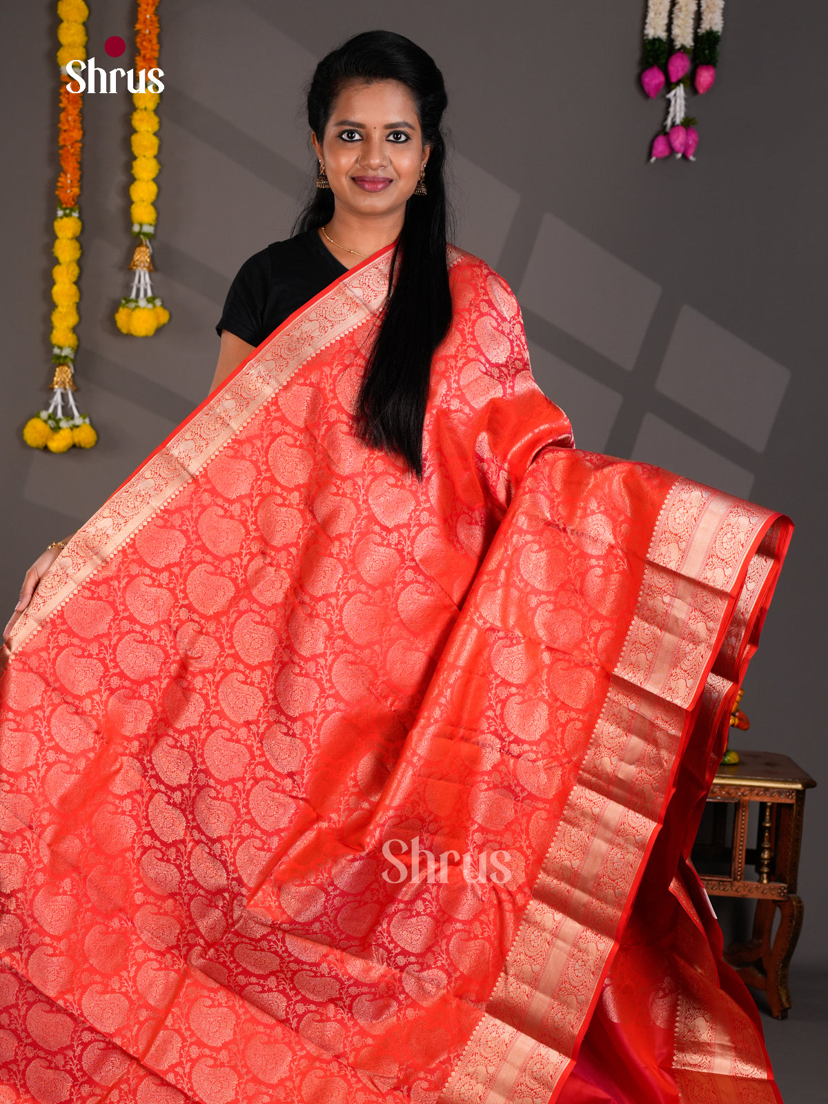 Buy Radiant Orangish Pink Kanchipuram Saree with Zari Woven Paisley Brocade & Traditional Border