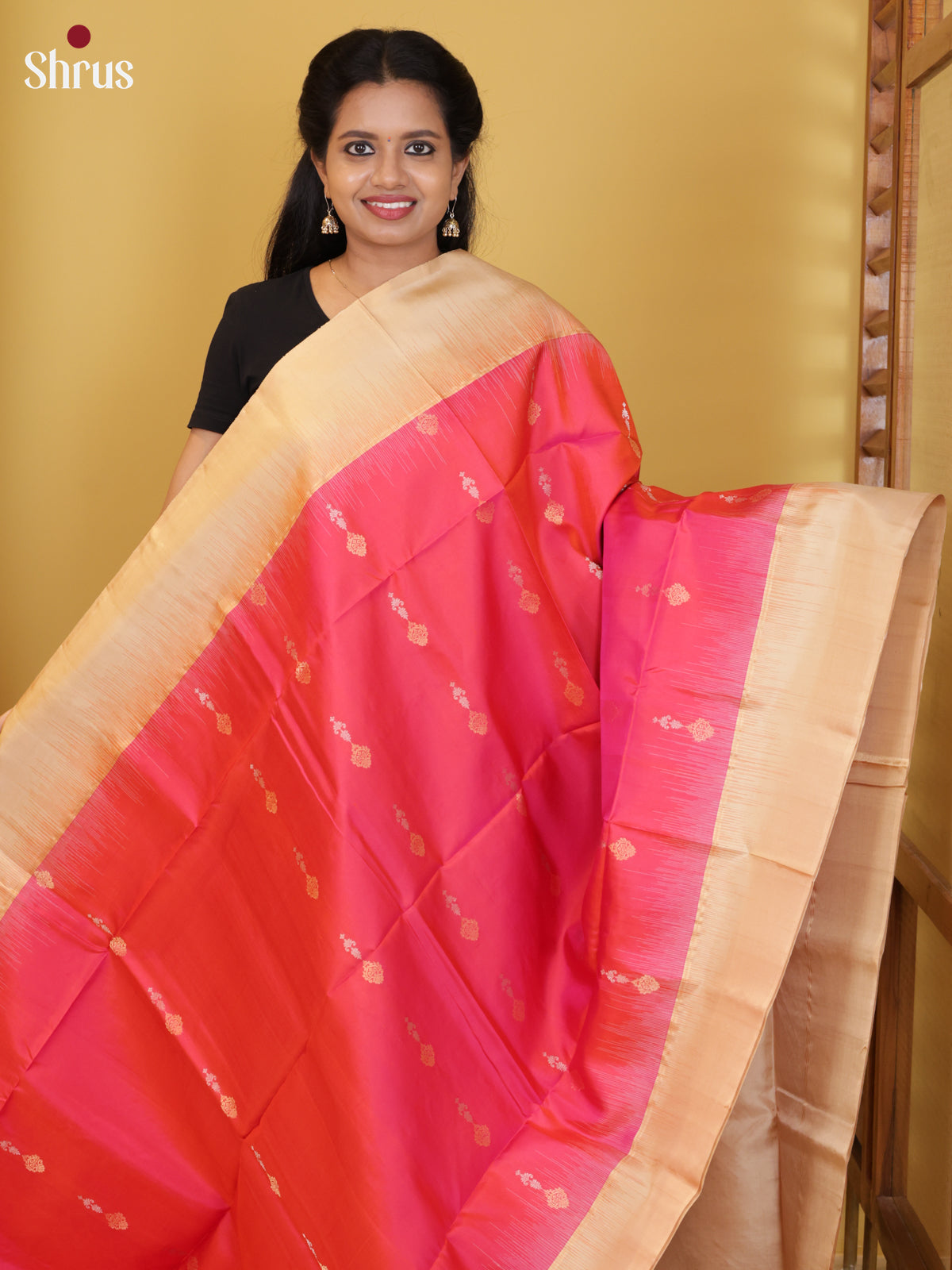 Buy Vivacious Orangish Pink Pure Soft Silk Saree with Gold, Silver Zari Buttas & Cream Brocade Pallu