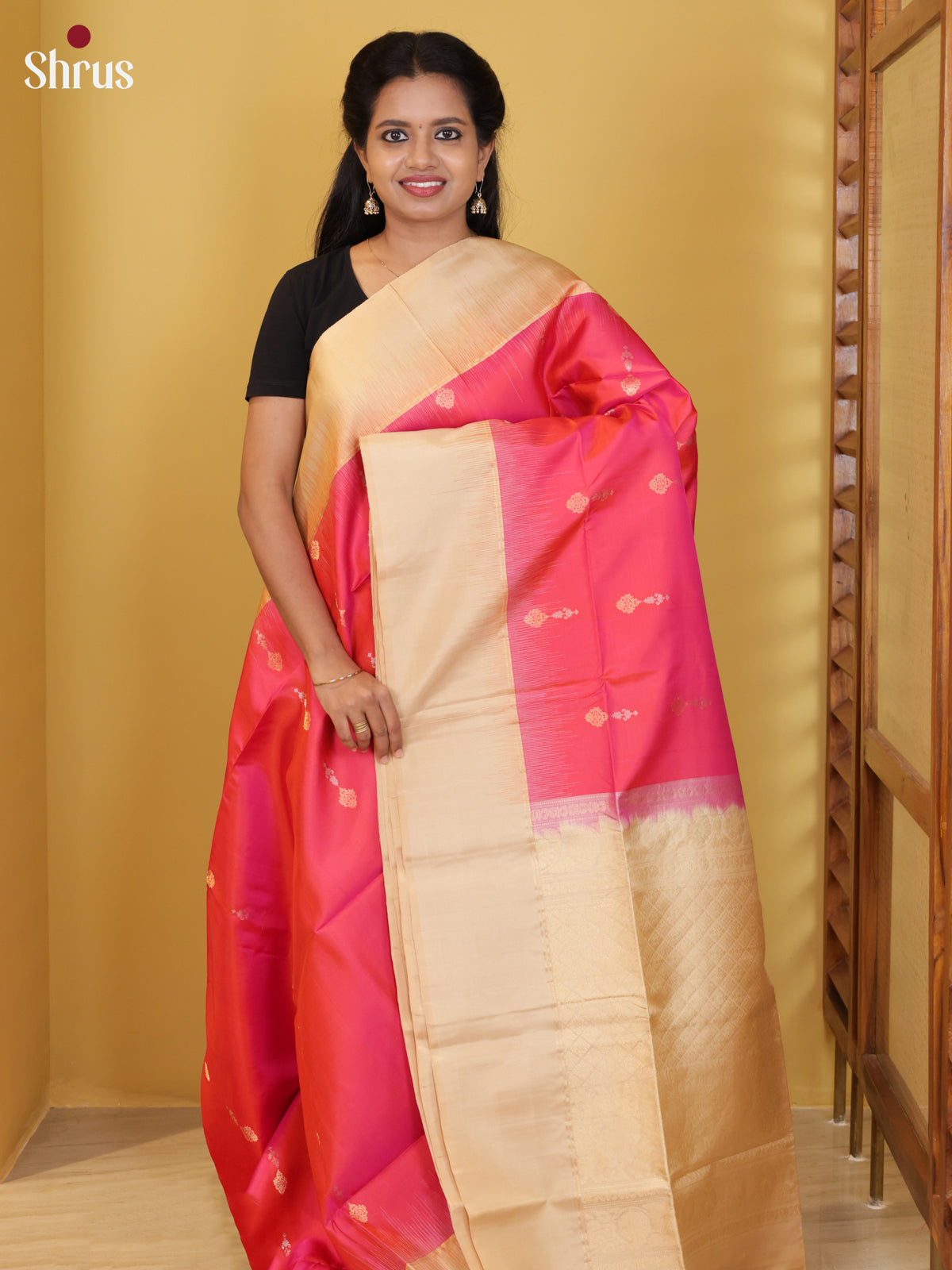 Buy Vivacious Orangish Pink Soft Silk Saree with Gold, Silver Zari Buttas & Cream Brocade Pallu