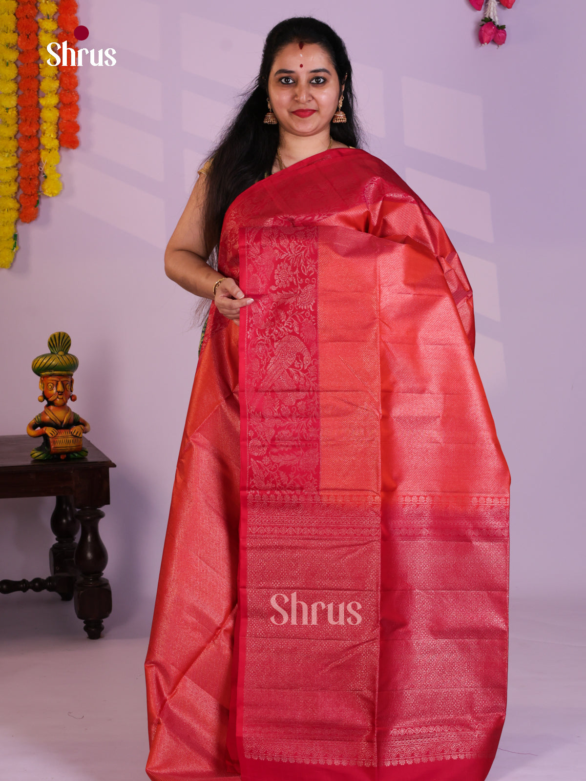 Buy Orangish Pink Soft Silk Saree with Intricately Woven Lines & Red Brocade Border & Pallu