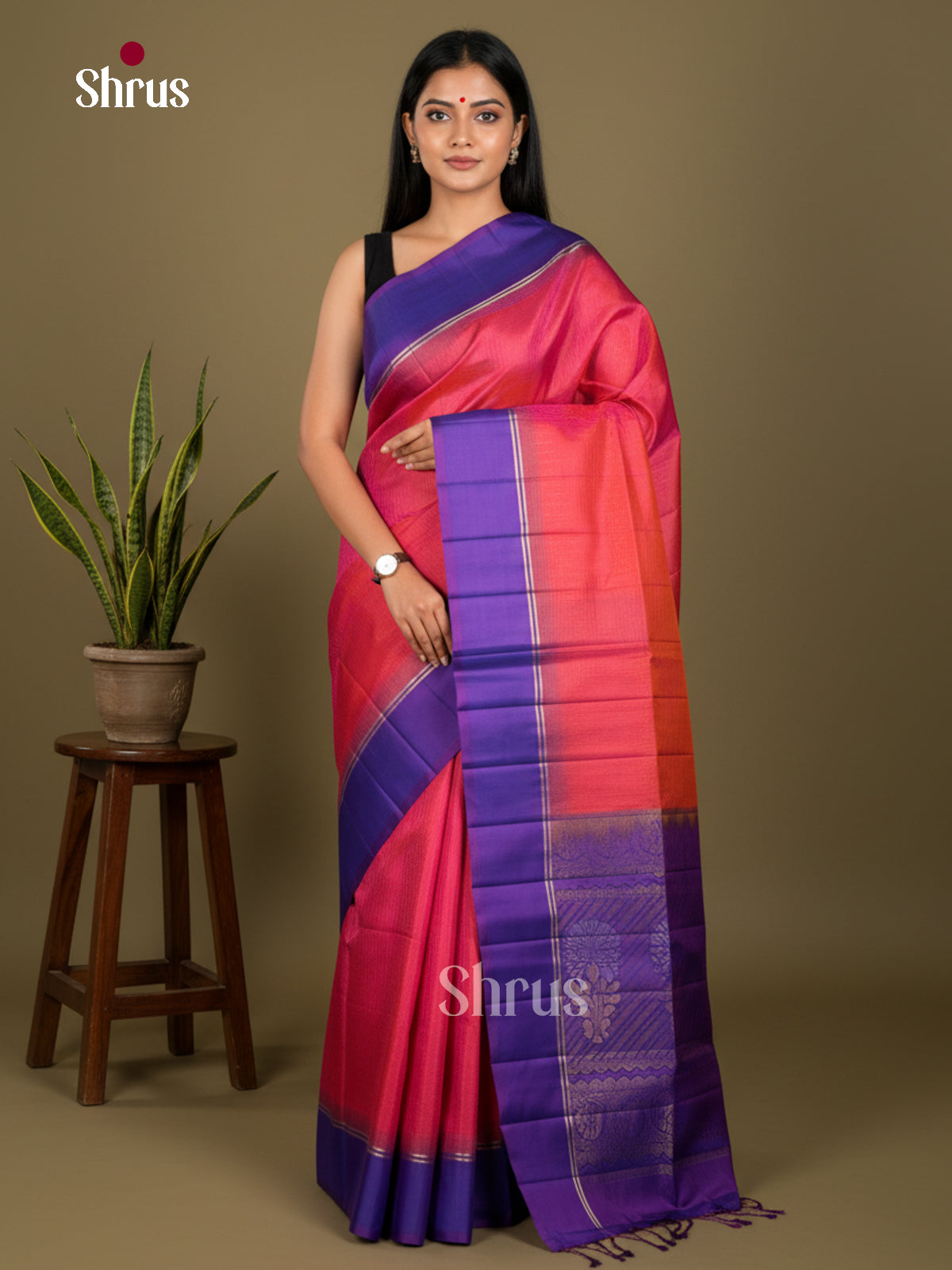 Buy Striking Orangish Pink Soft Silk Saree with Plain Body, Purple Border & Brocade Pallu
