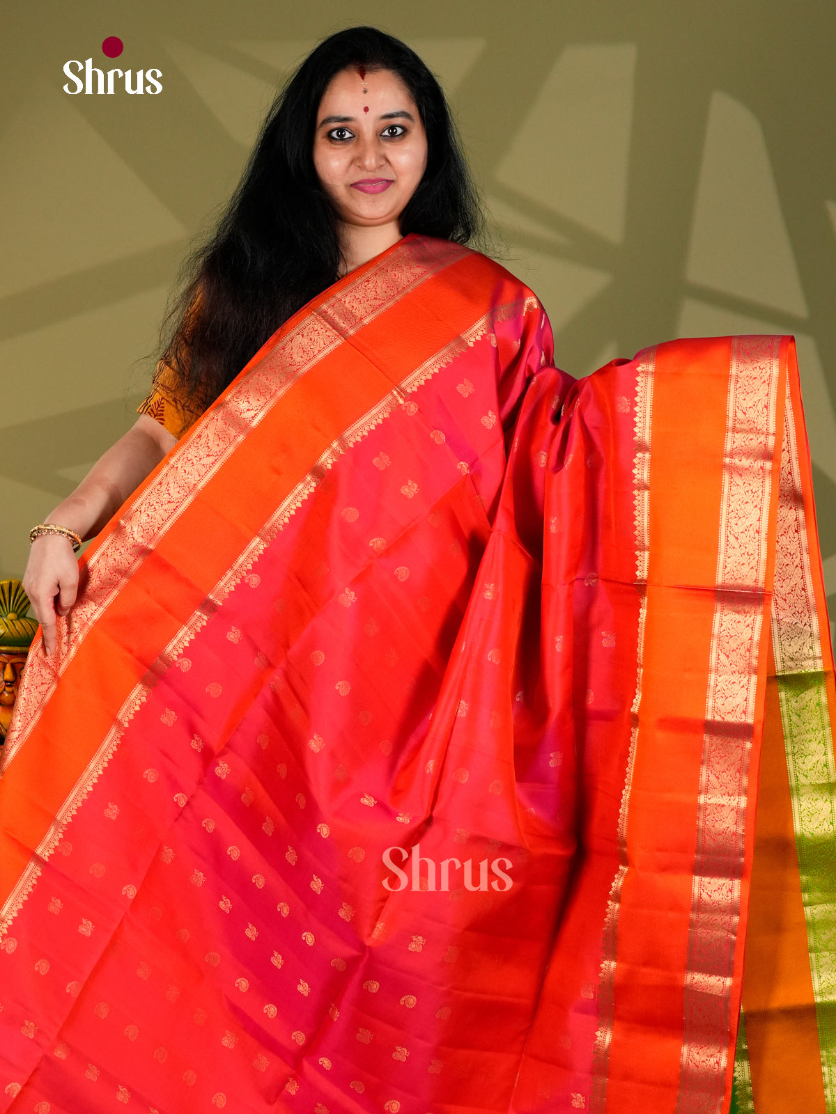 Buy Vivid Orangish Pink Soft Silk Sarees with Golden Buttas, Rettapet Border & Green Brocade Pallu