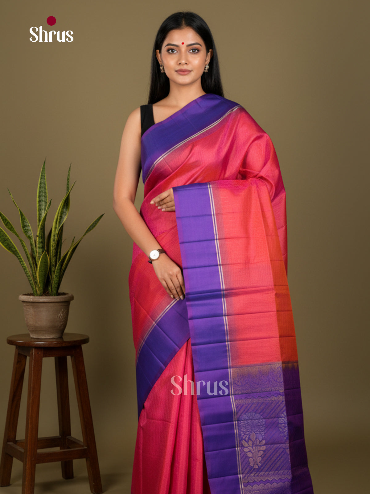 Buy Striking Orangish Pink Soft Silk Sarees with Plain Body, Purple Border & Brocade Pallu