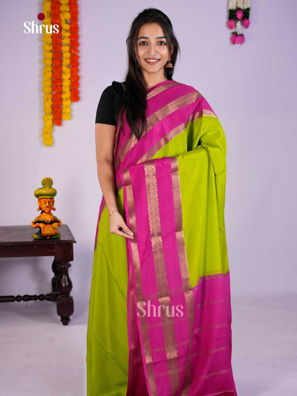 Buy Radiant Parrot Green Mysore Silk Saree with Magenta Rettaipet Zari Border & Traditional Pallu