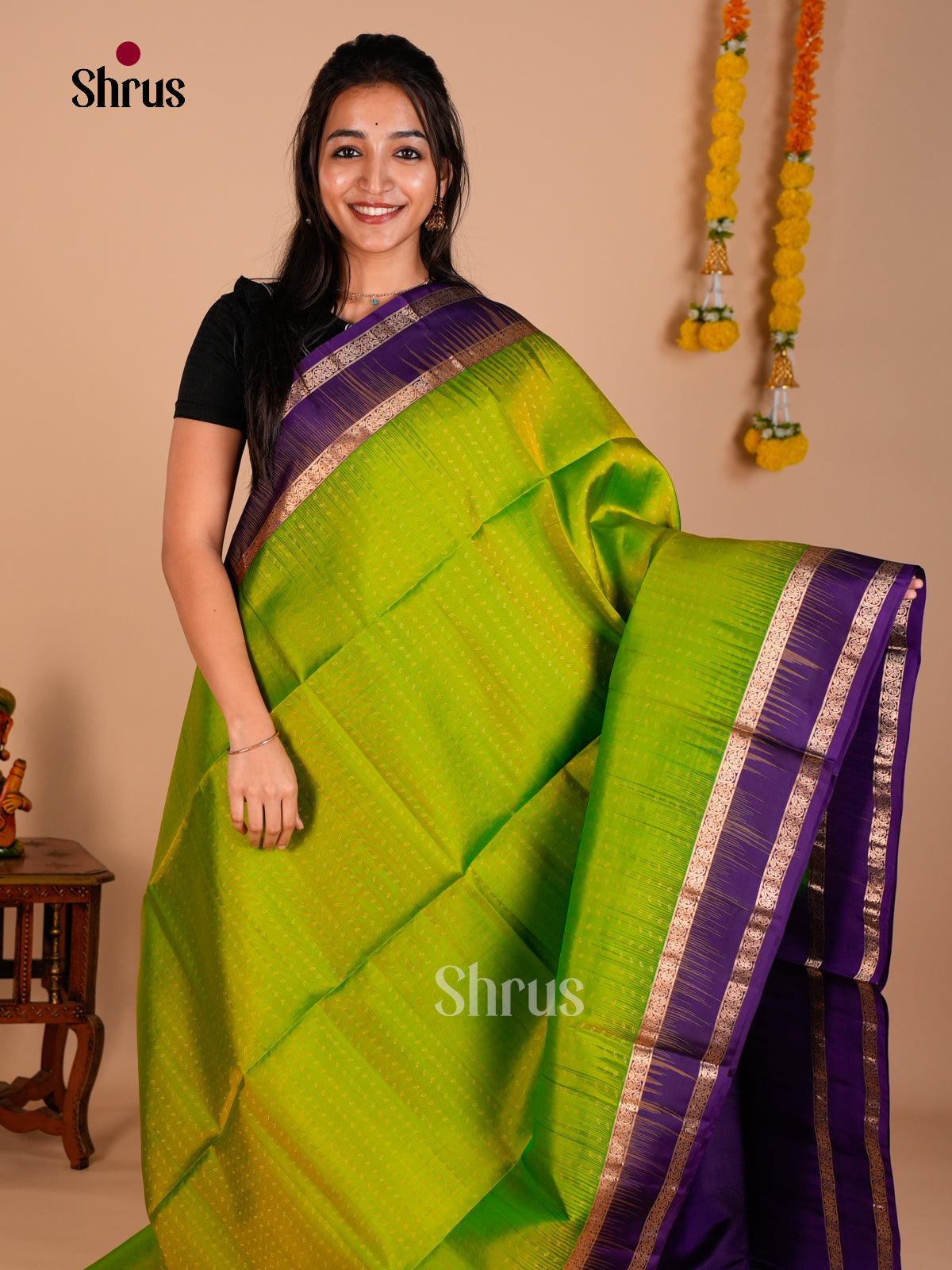 Buy Luminous Parrot Green Pure Soft Silk Saree with Purple Rettaipet Zari Border & Brocade Pallu