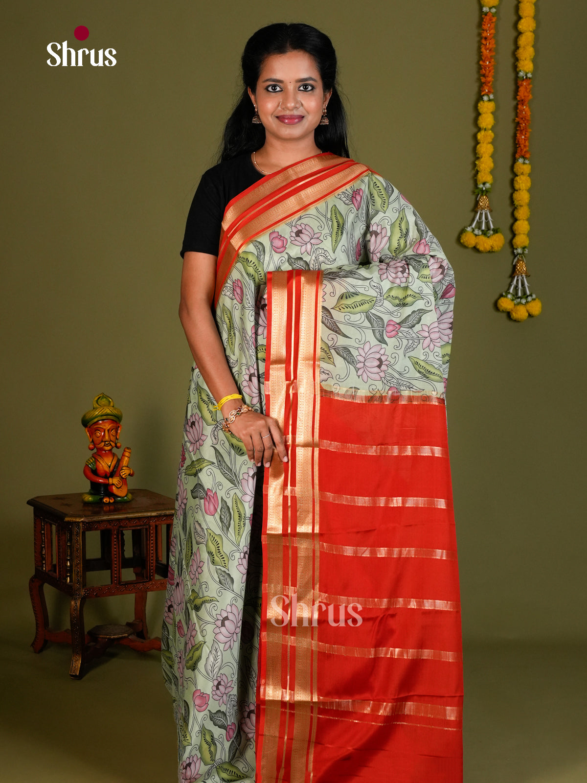 Buy Pretty Pastel Green Mysore Silk Saree with Lotus & Leaf Prints & Orange Rettapet Zari Border