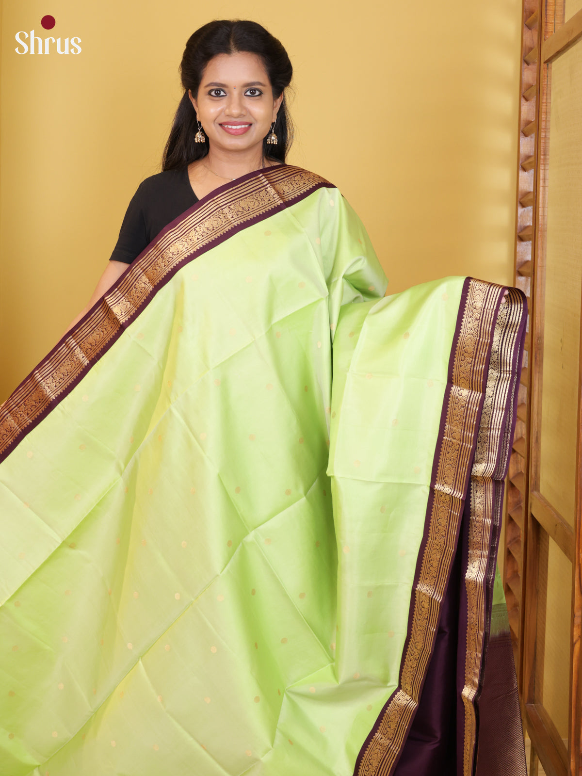 Buy Timeless Pastel Green Pure Soft Silk Saree with Golden Buttas, Purple Zari Border & Brocade Pallu