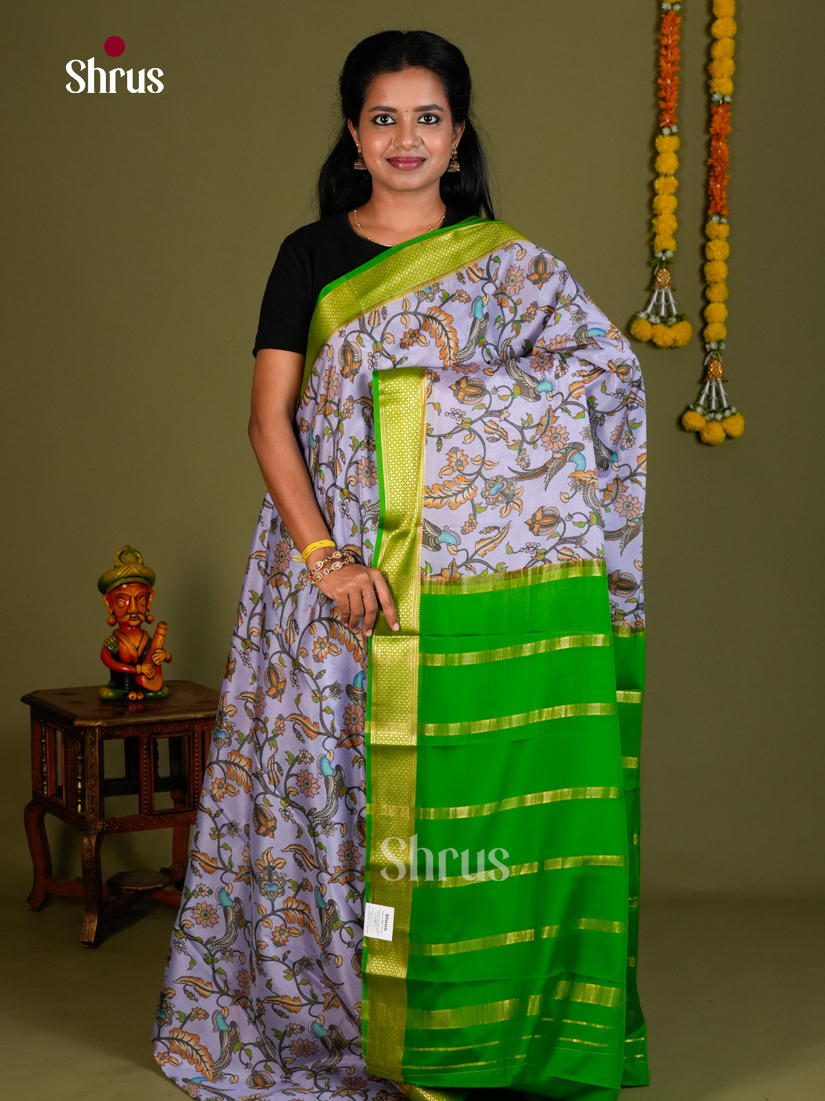 Buy Regal Pastel Lavender Mysore Silk Saree Printed With Kalamkari Birds & Flowers And Green Pallu